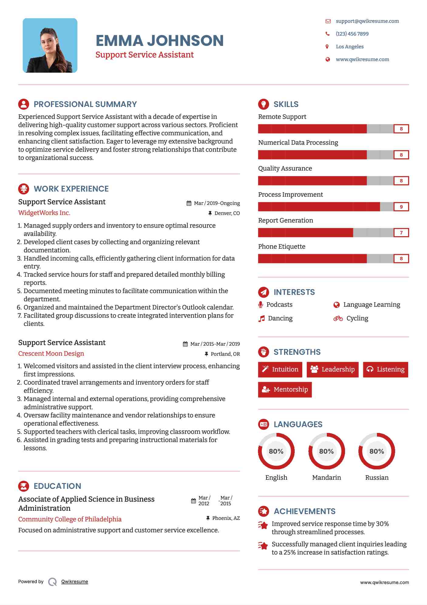 Support Service Assistant Resume Sample