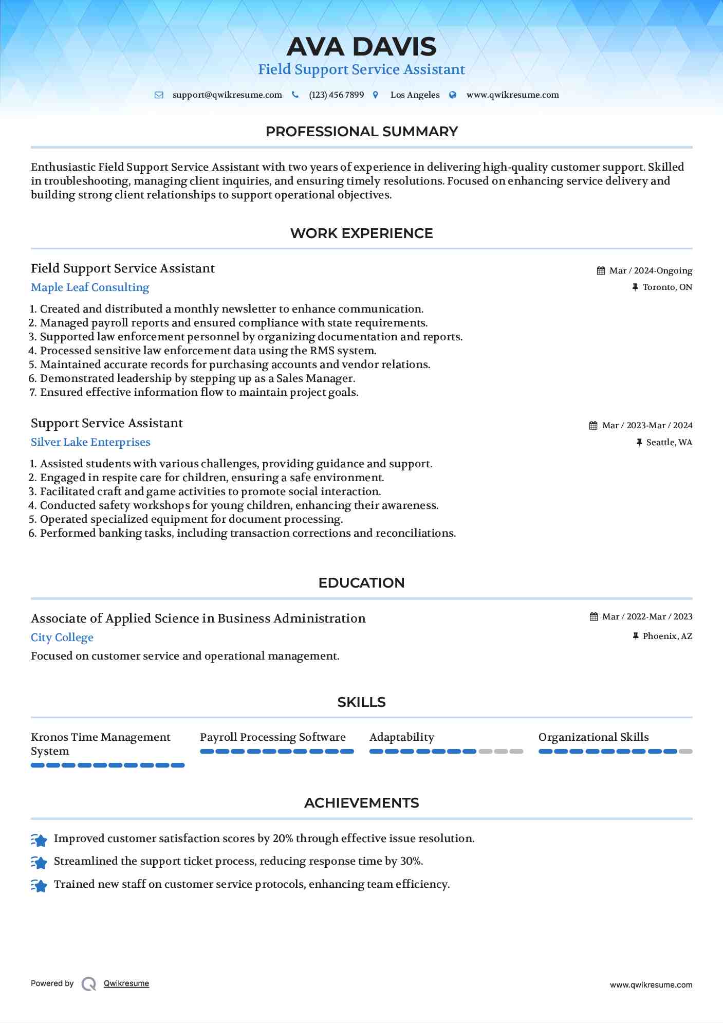 Field Support Service Assistant Resume Format