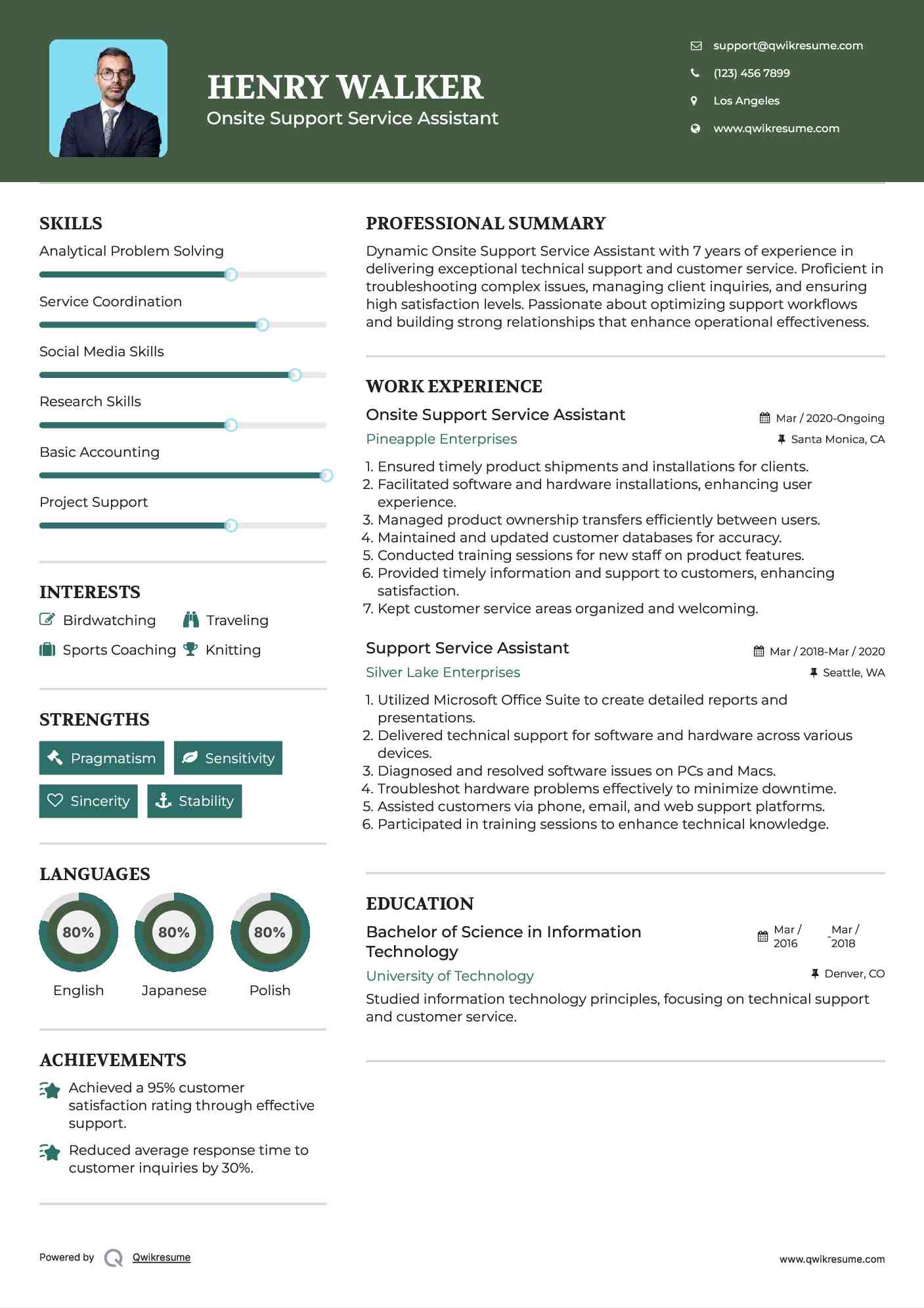 Onsite Support Service Assistant Resume Template