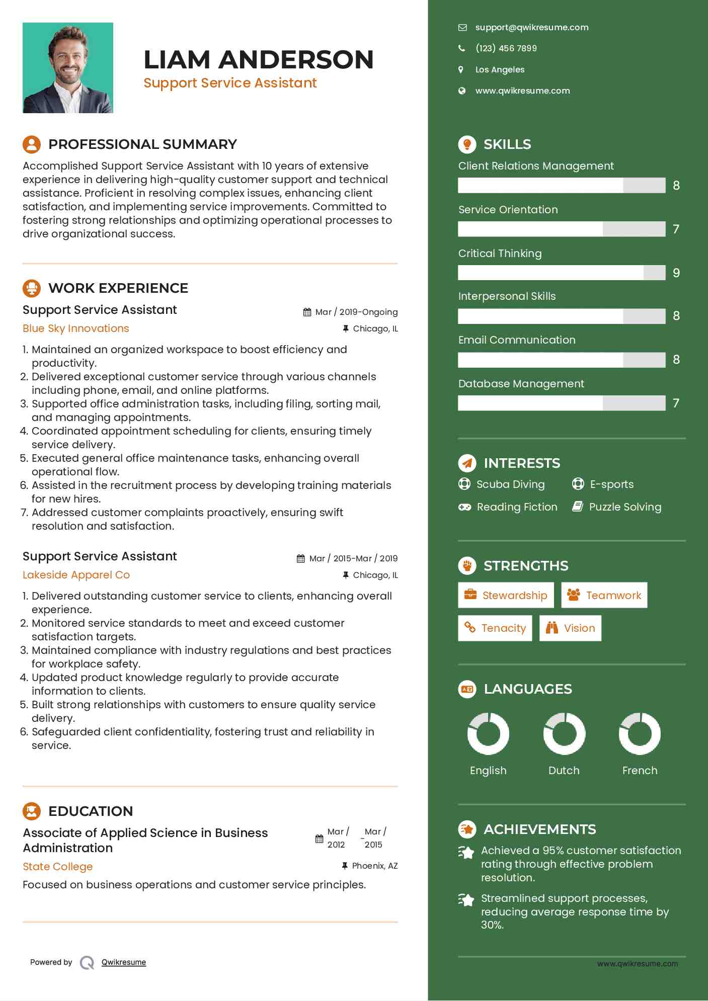 Support Service Assistant Resume Example