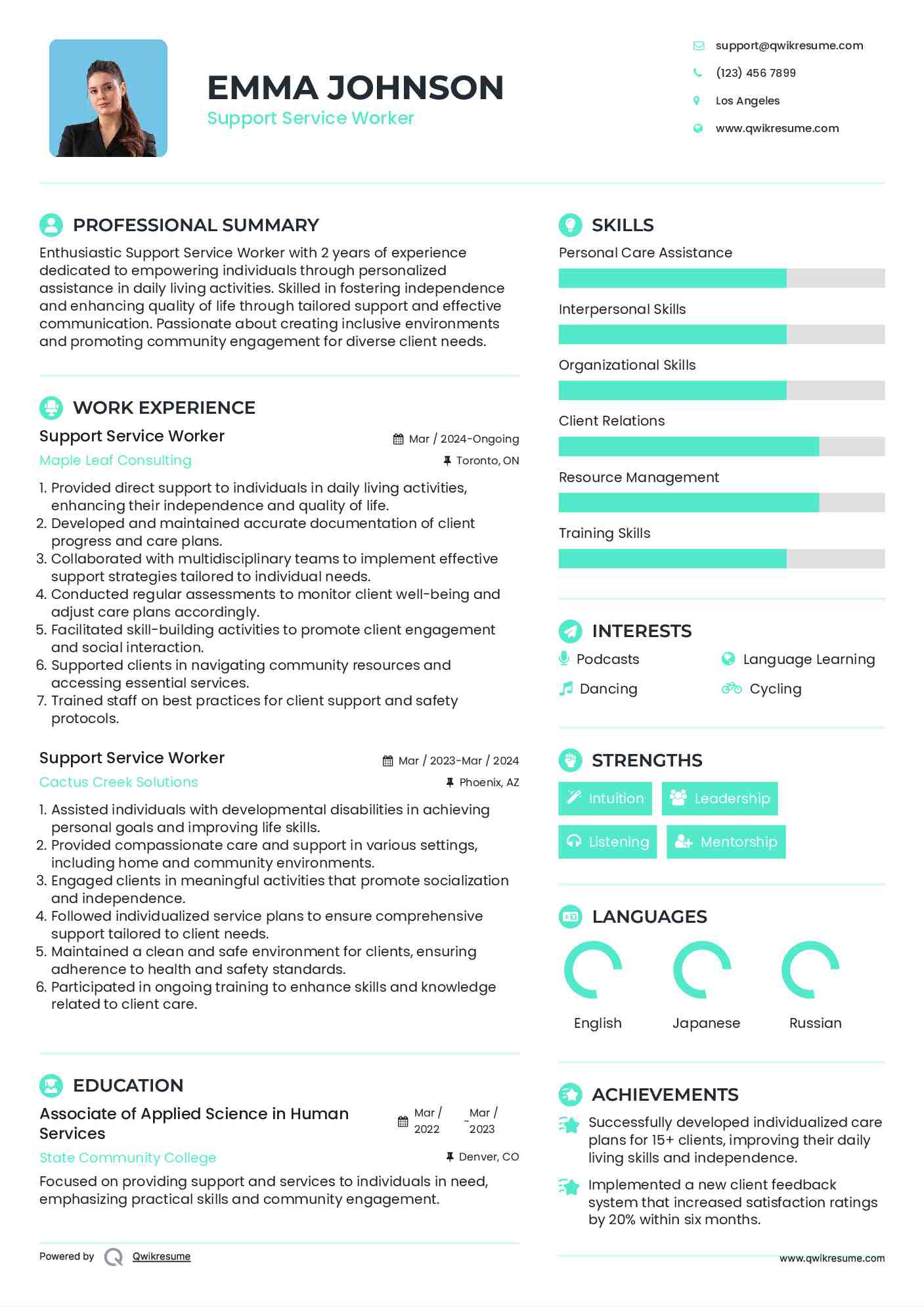 Support Service Worker Resume Sample