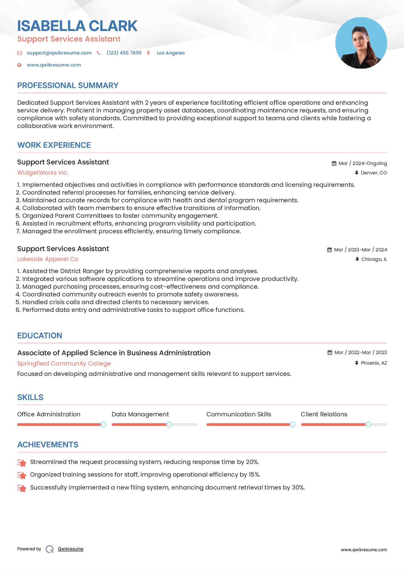 Support Services Assistant Resume Sample