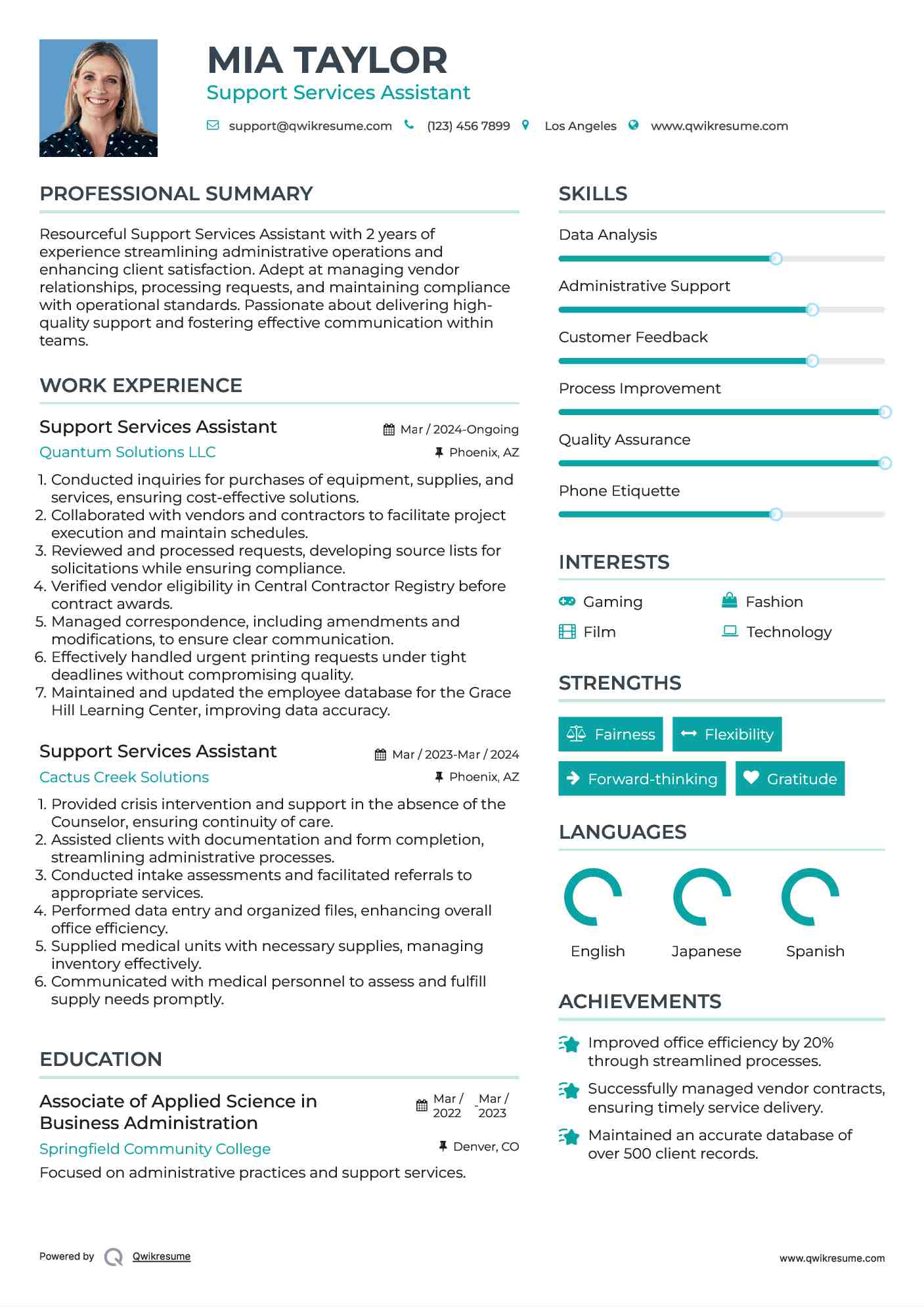 Support Services Assistant Resume Model