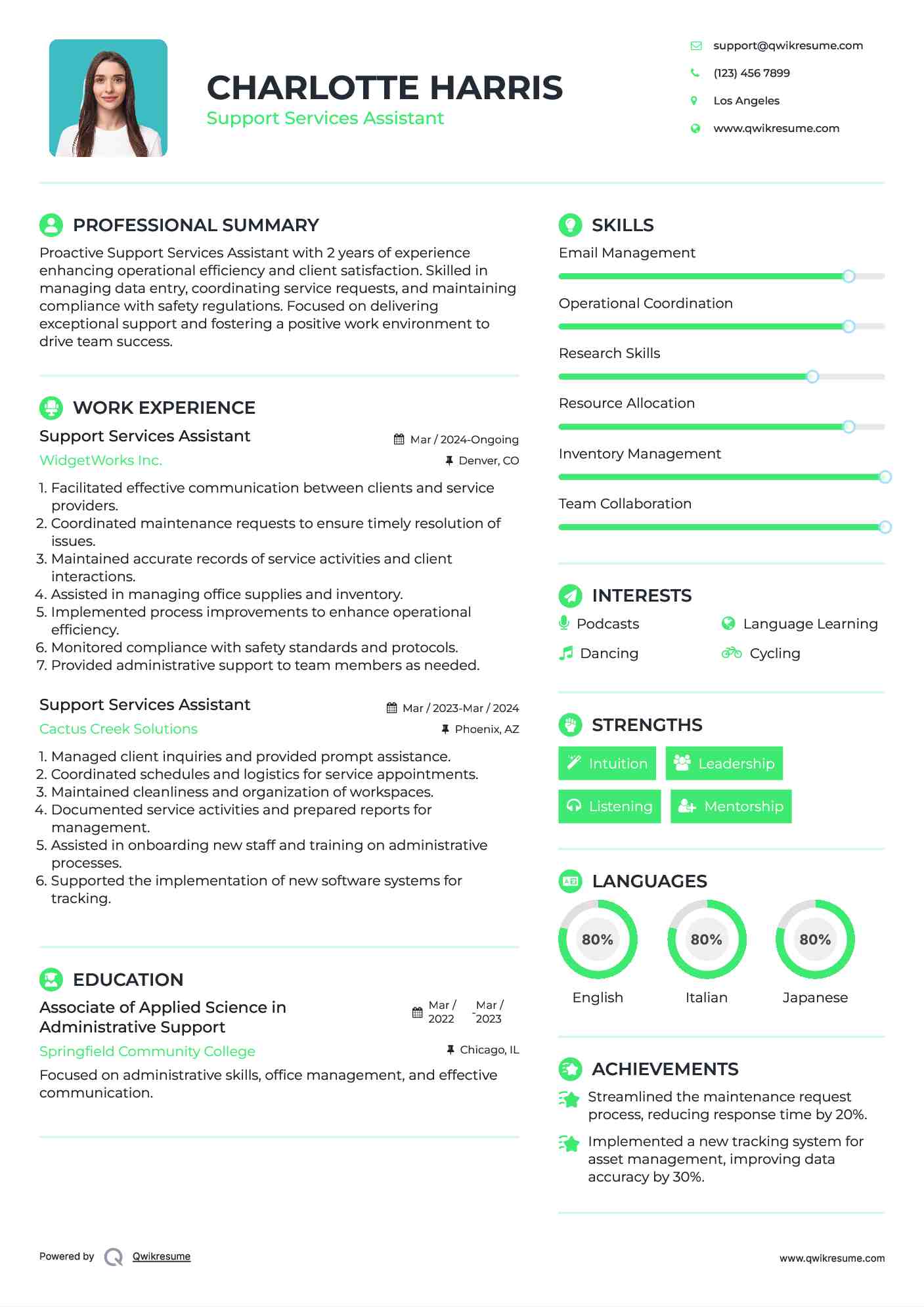 Support Services Assistant Resume Template