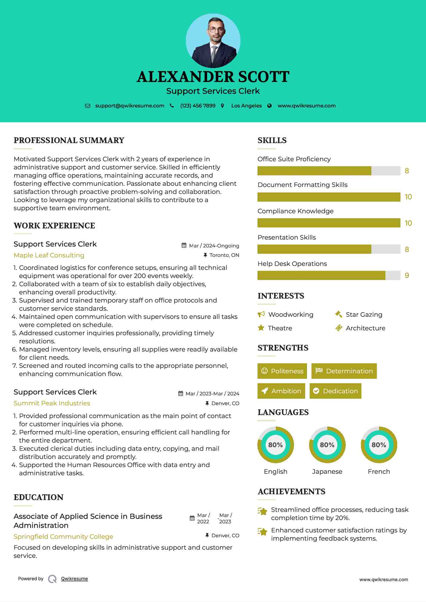 Support Services Clerk Resume Example