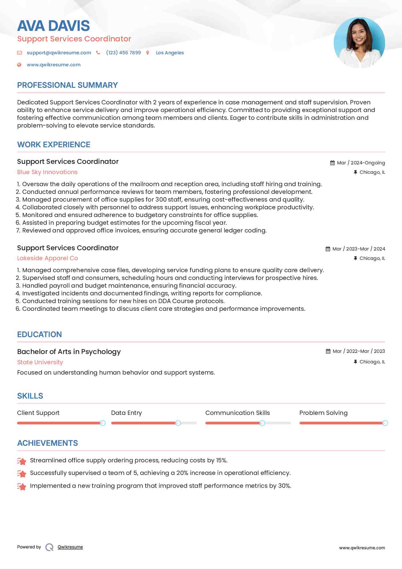 Support Services Coordinator Resume Format