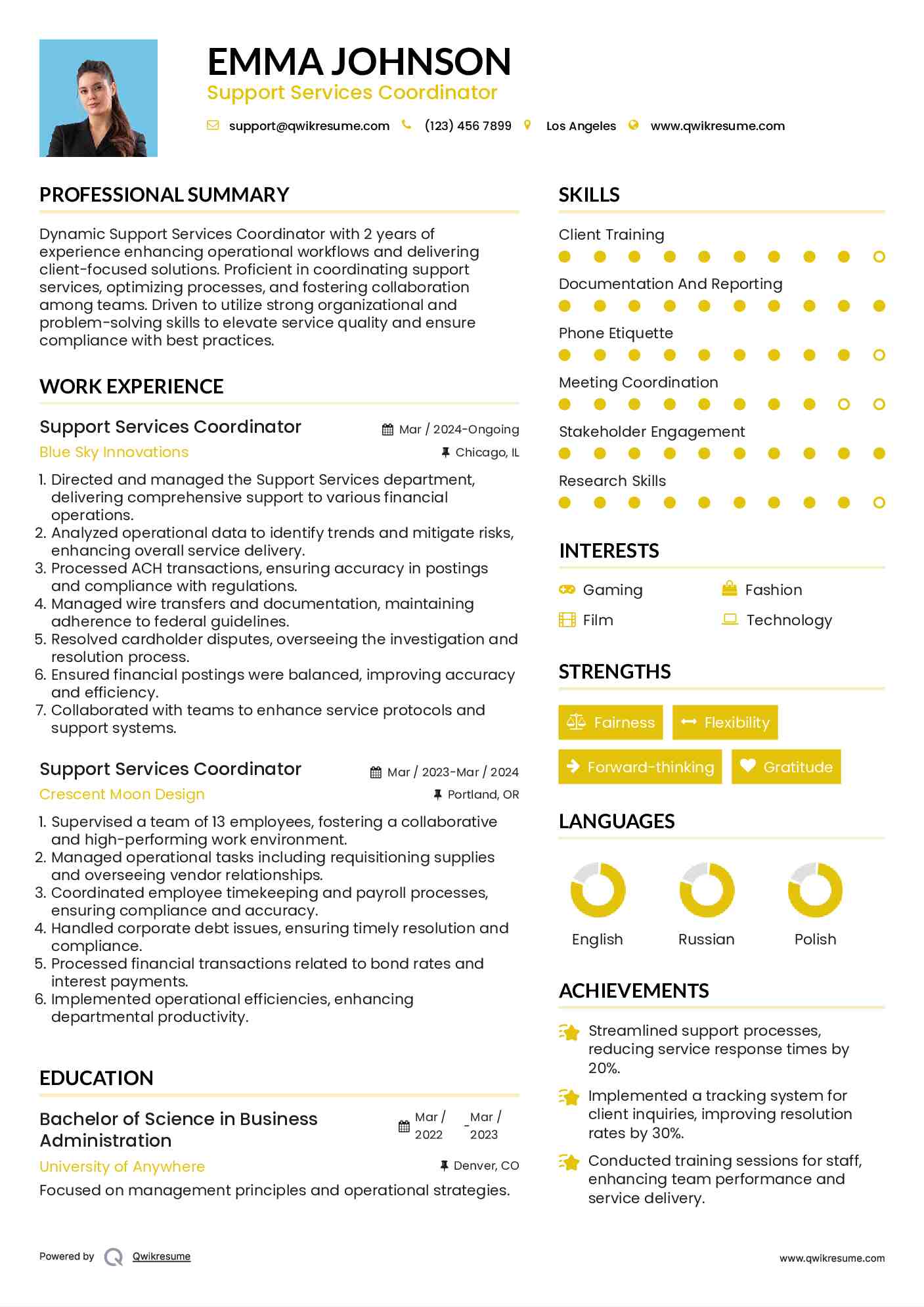 Support Services Coordinator Resume Format