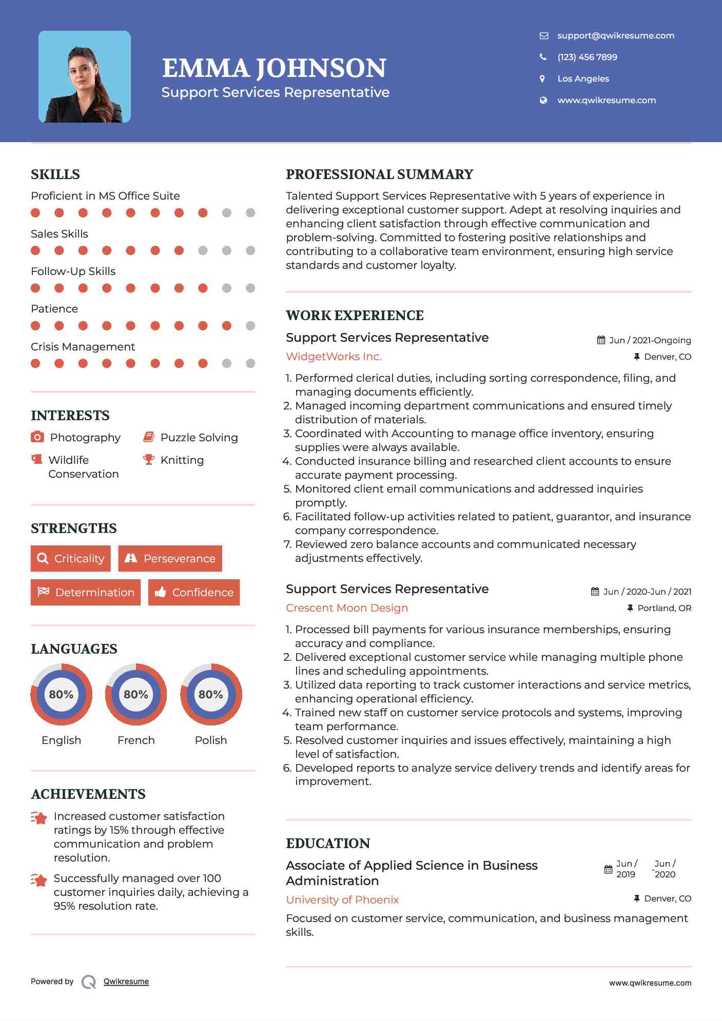 Support Services Representative Resume Template
