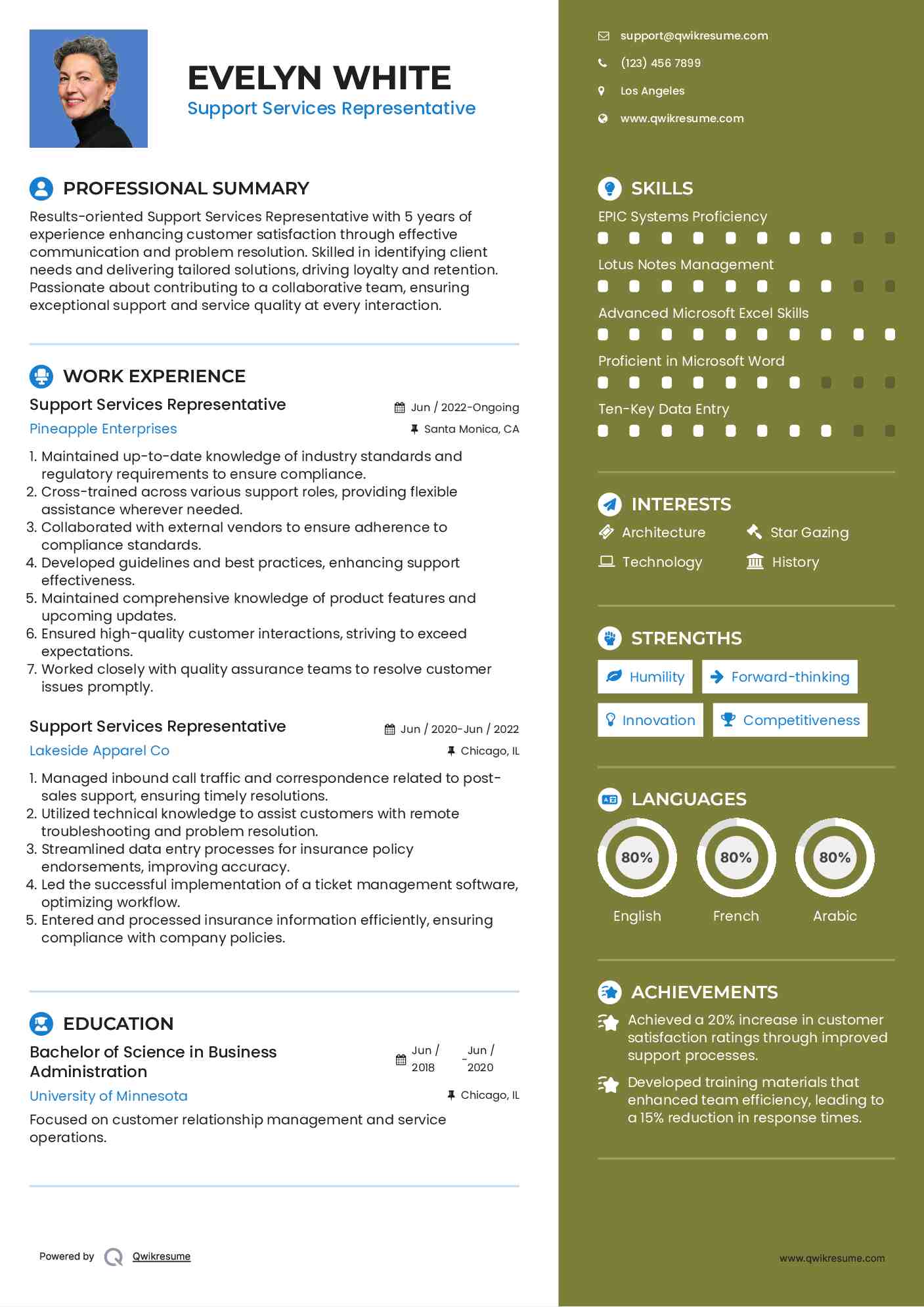 Support Services Representative Resume Sample