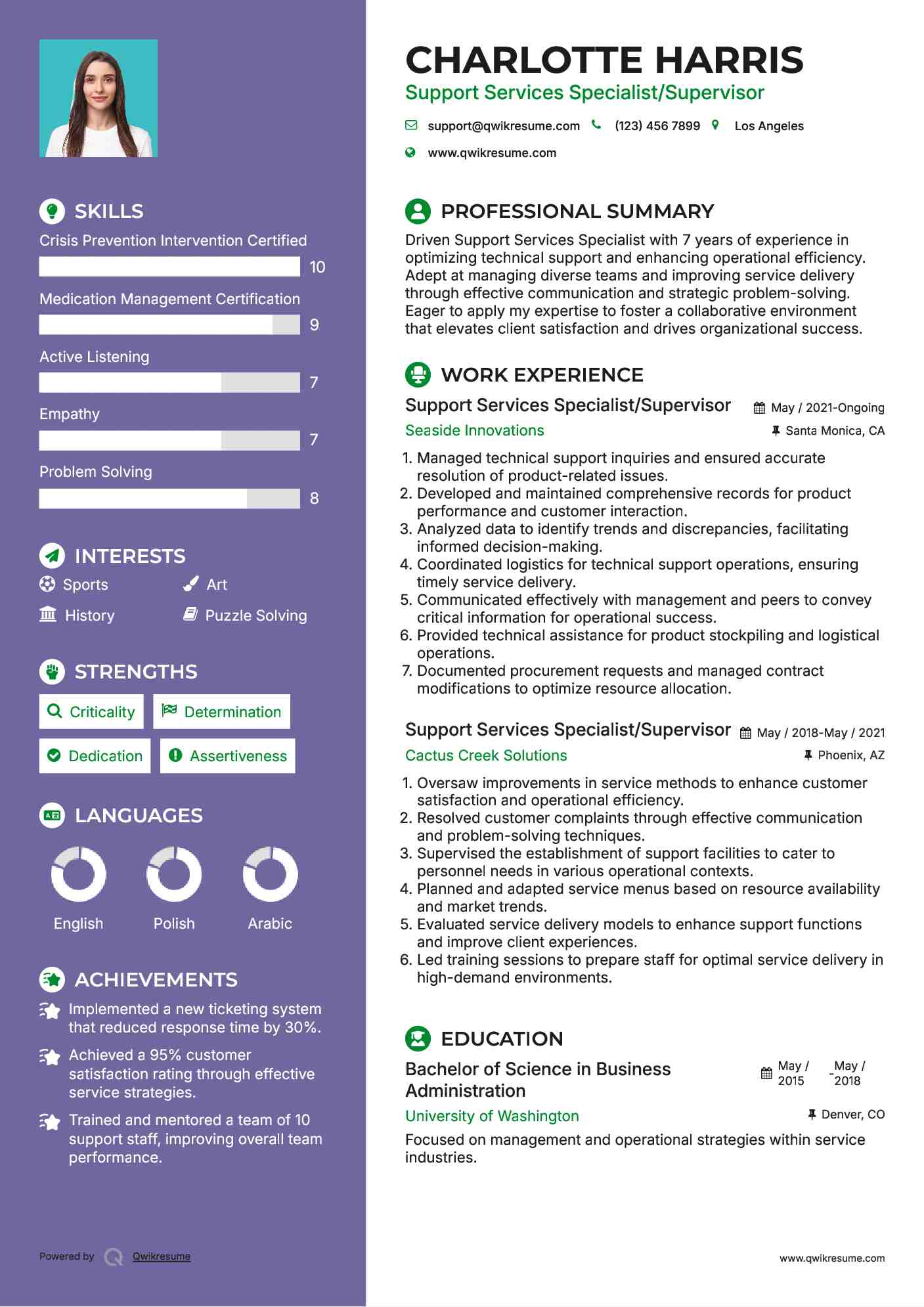Support Services Specialist/Supervisor Resume Example