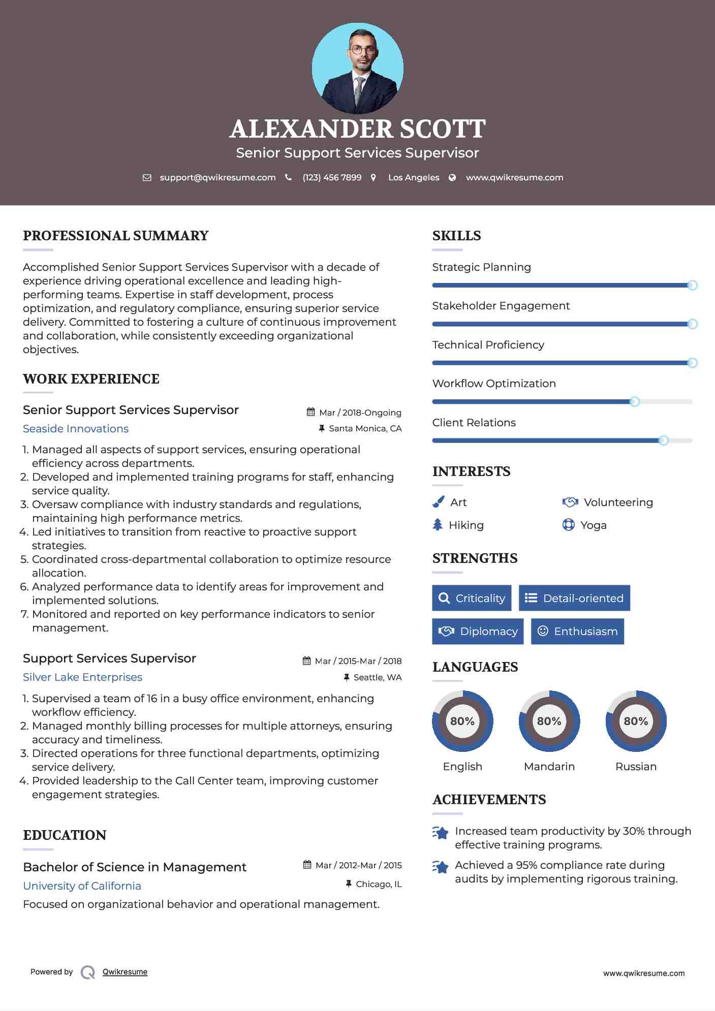 Senior Support Services Supervisor Resume Example