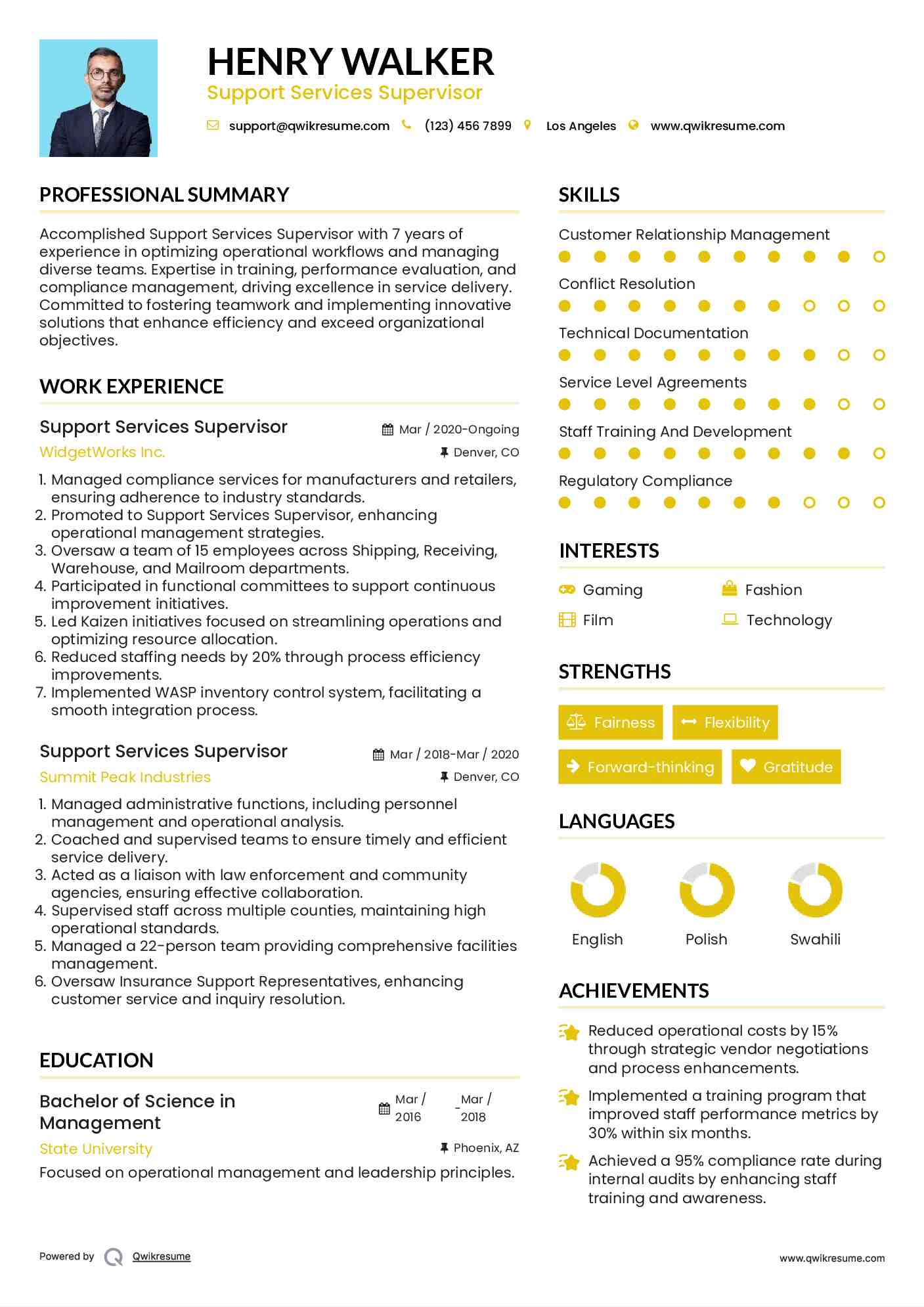 Support Services Supervisor Resume Format