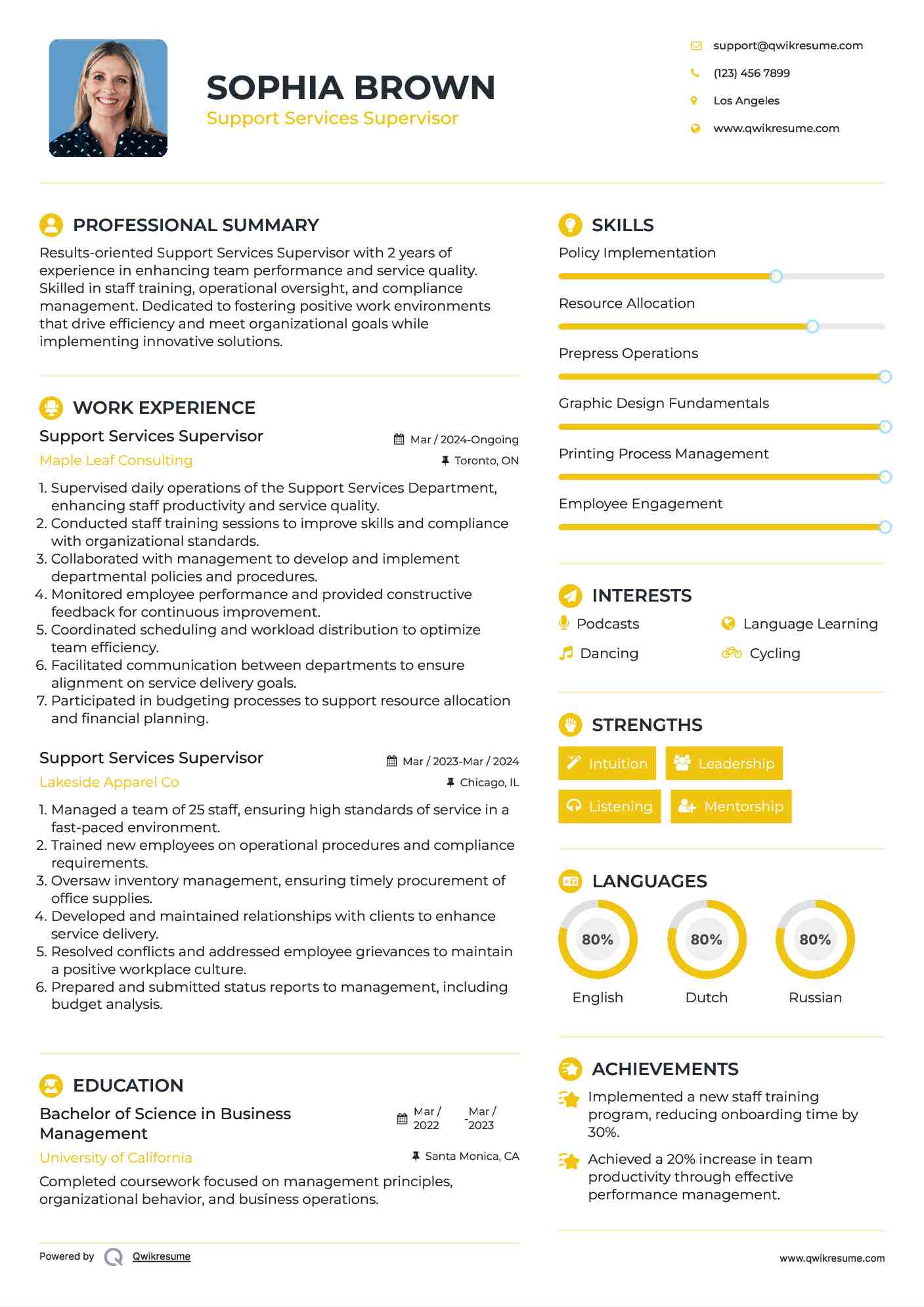 Support Services Supervisor Resume Template