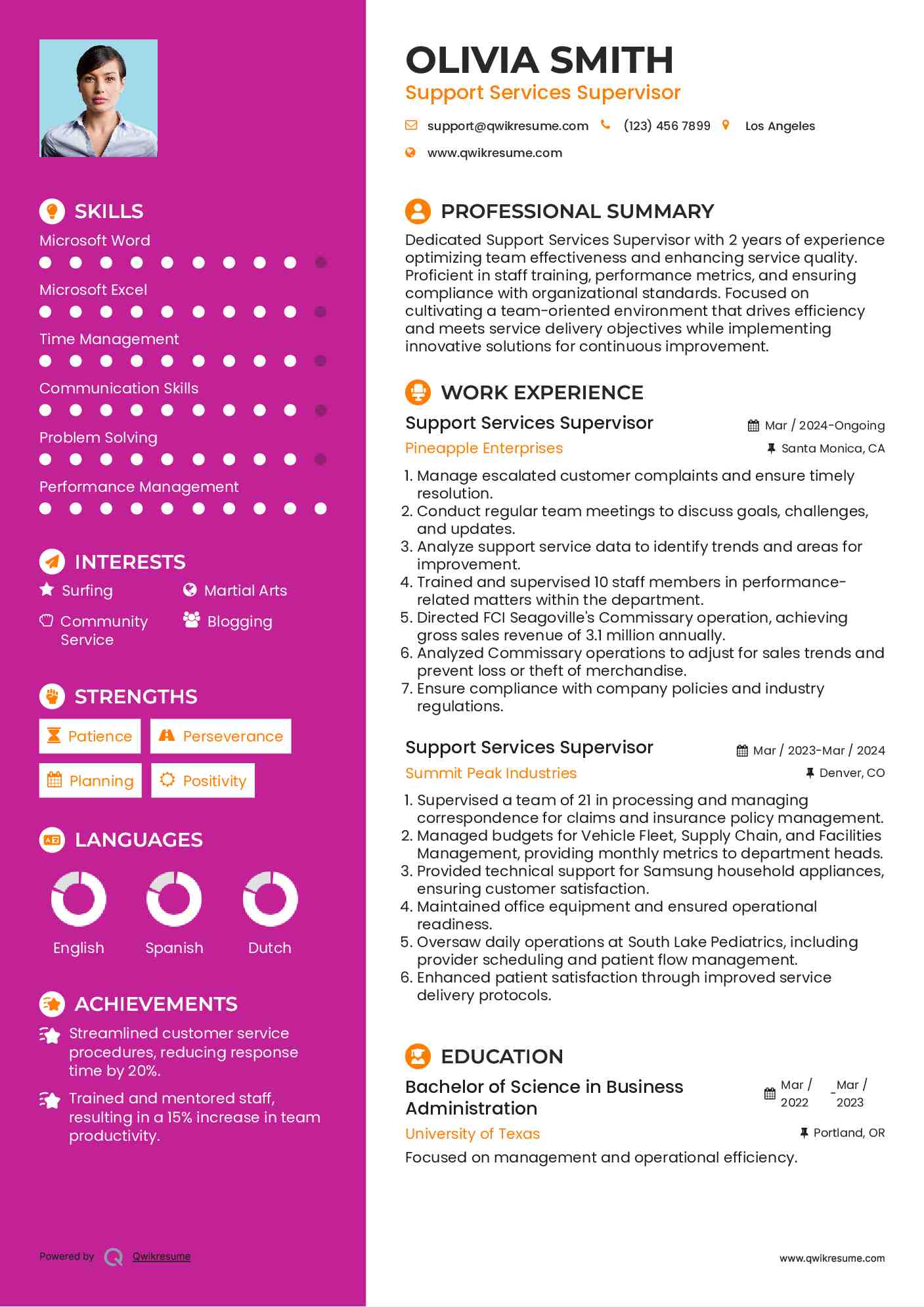 Support Services Supervisor Resume Example