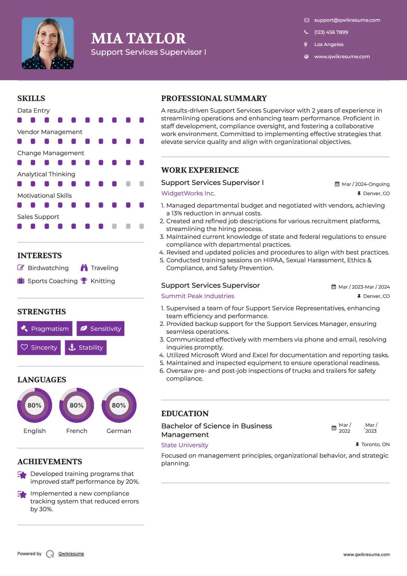 Support Services Supervisor I Resume Sample