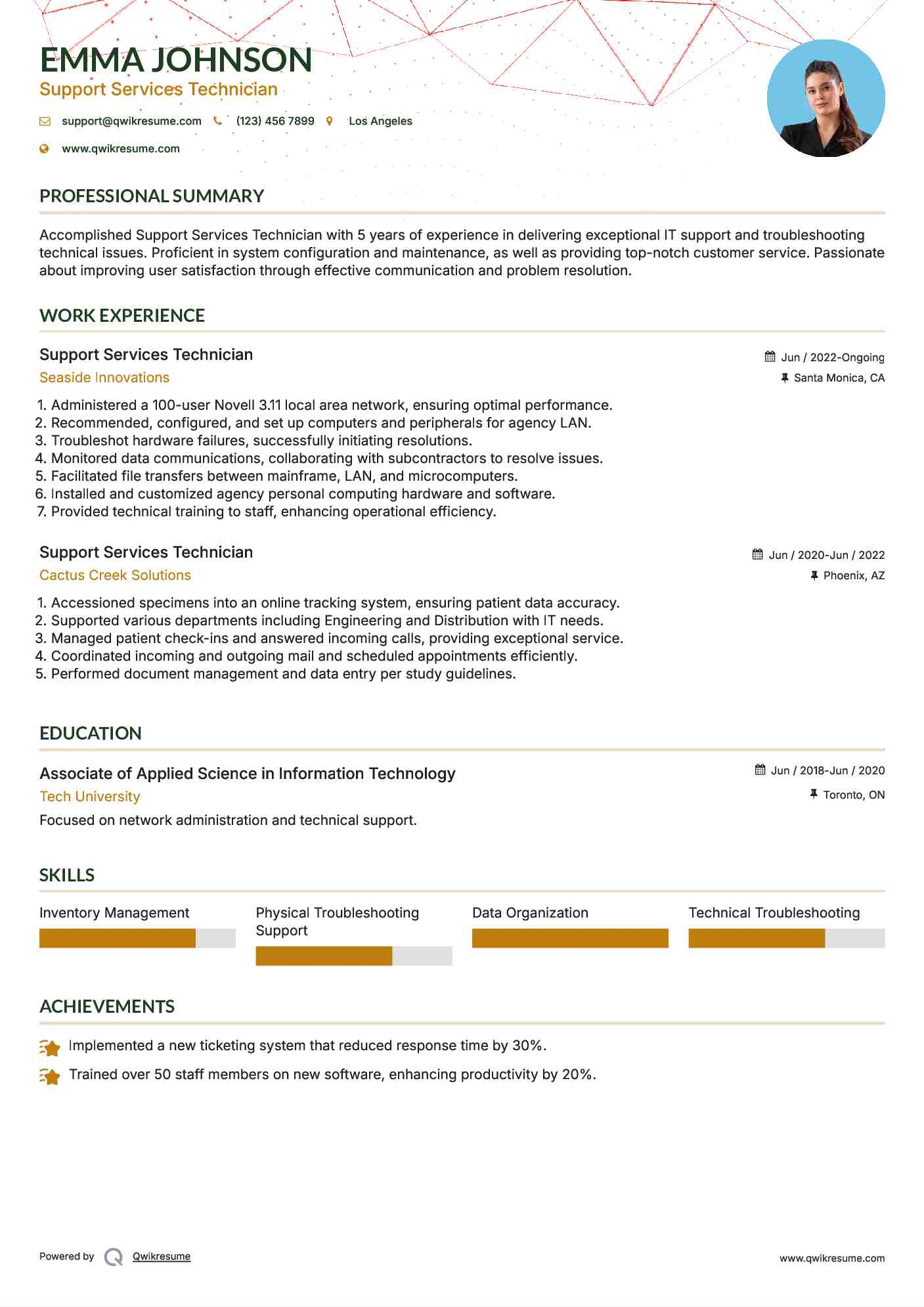 Support Services Technician Resume Example