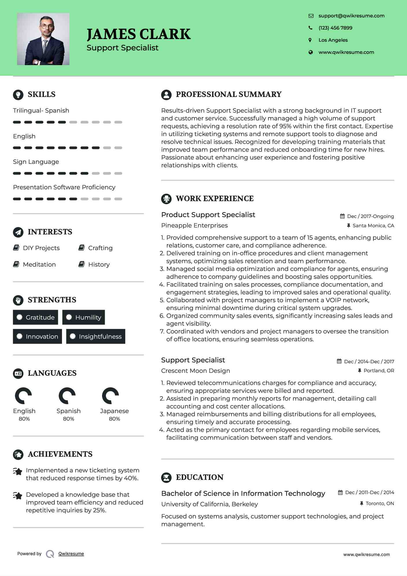 Product Support Specialist Resume Template