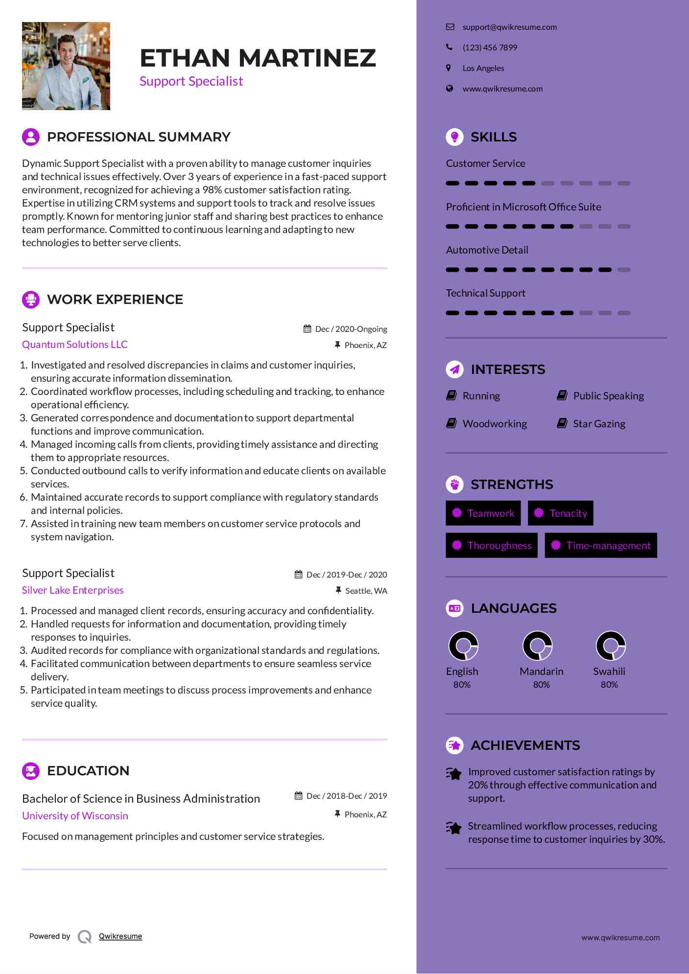 Support Specialist Resume Model