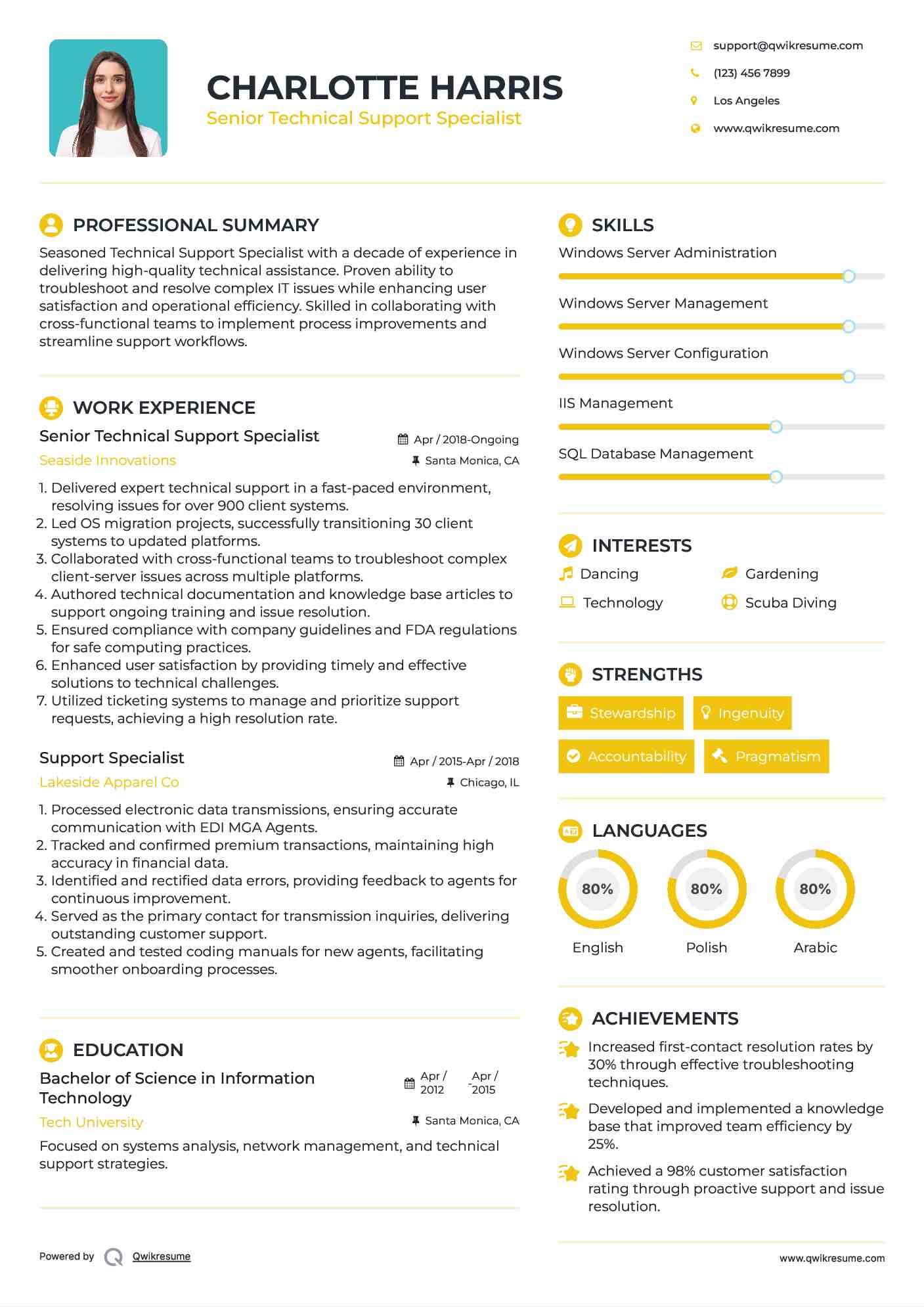 Senior Technical Support Specialist Resume Template