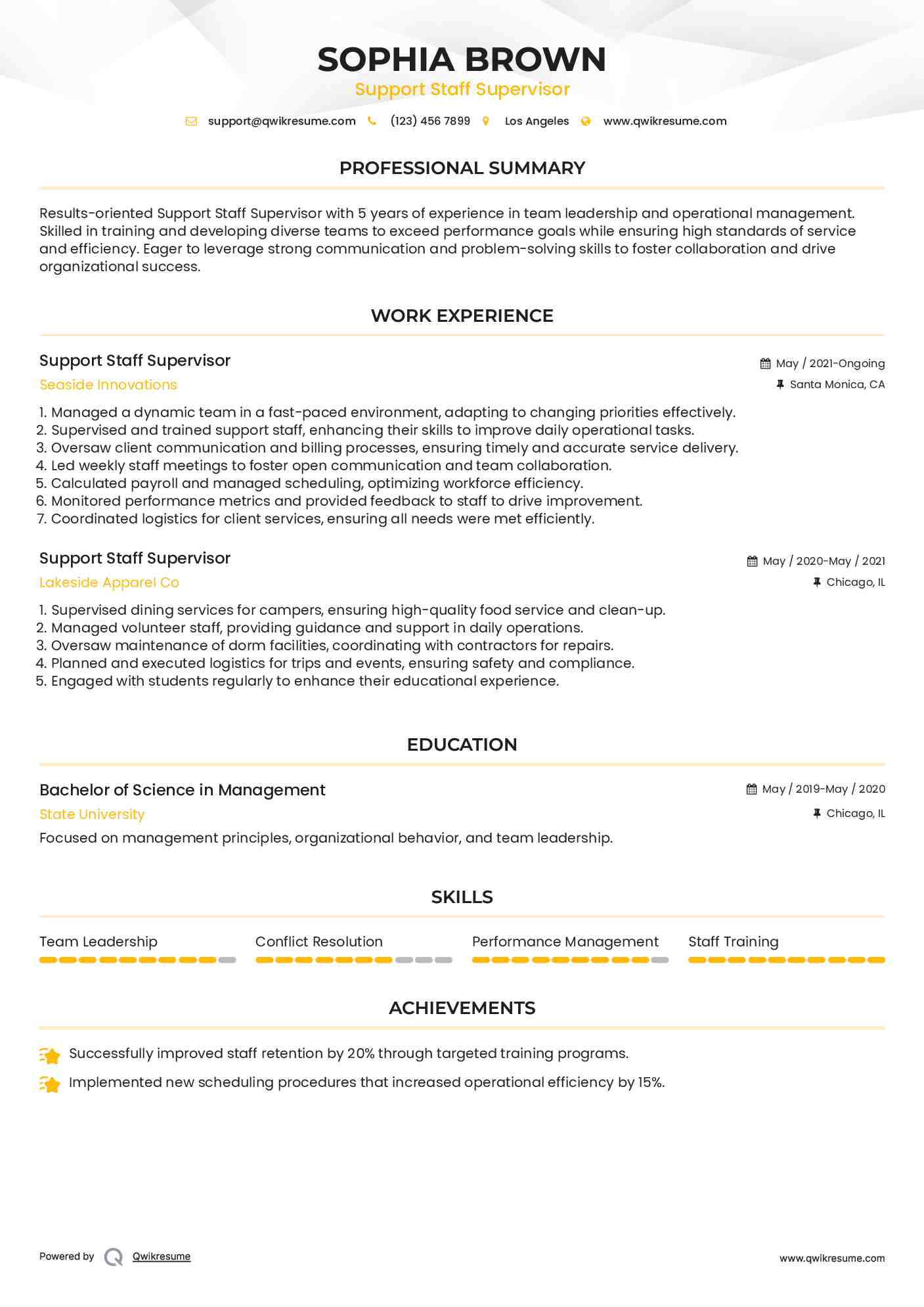 Support Staff Supervisor Resume Template