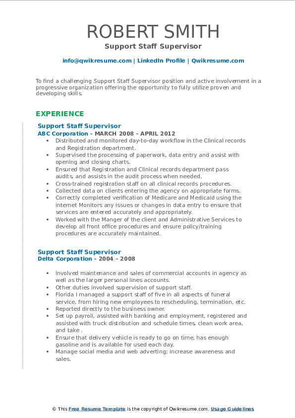 Support Staff Supervisor Resume Samples QwikResume