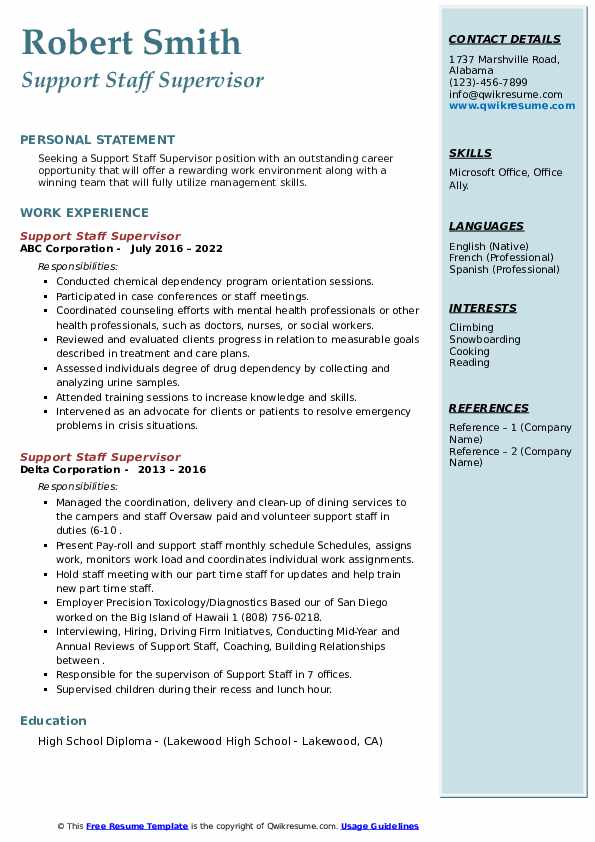 Support Staff Supervisor Resume Samples QwikResume