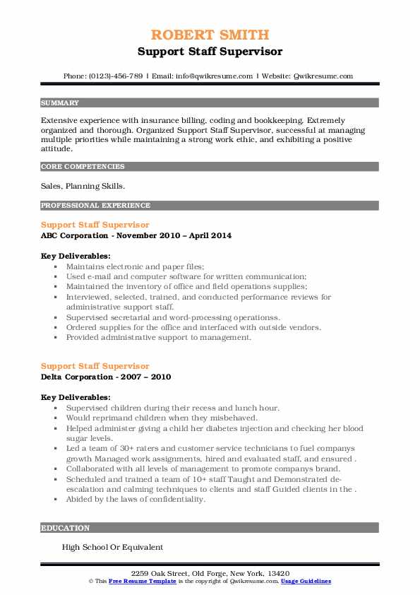 Support Staff Supervisor Resume Samples QwikResume