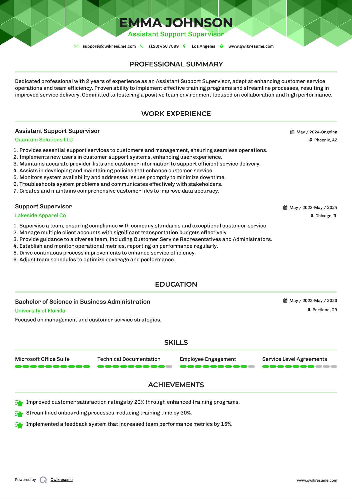 Assistant Support Supervisor  Resume Example