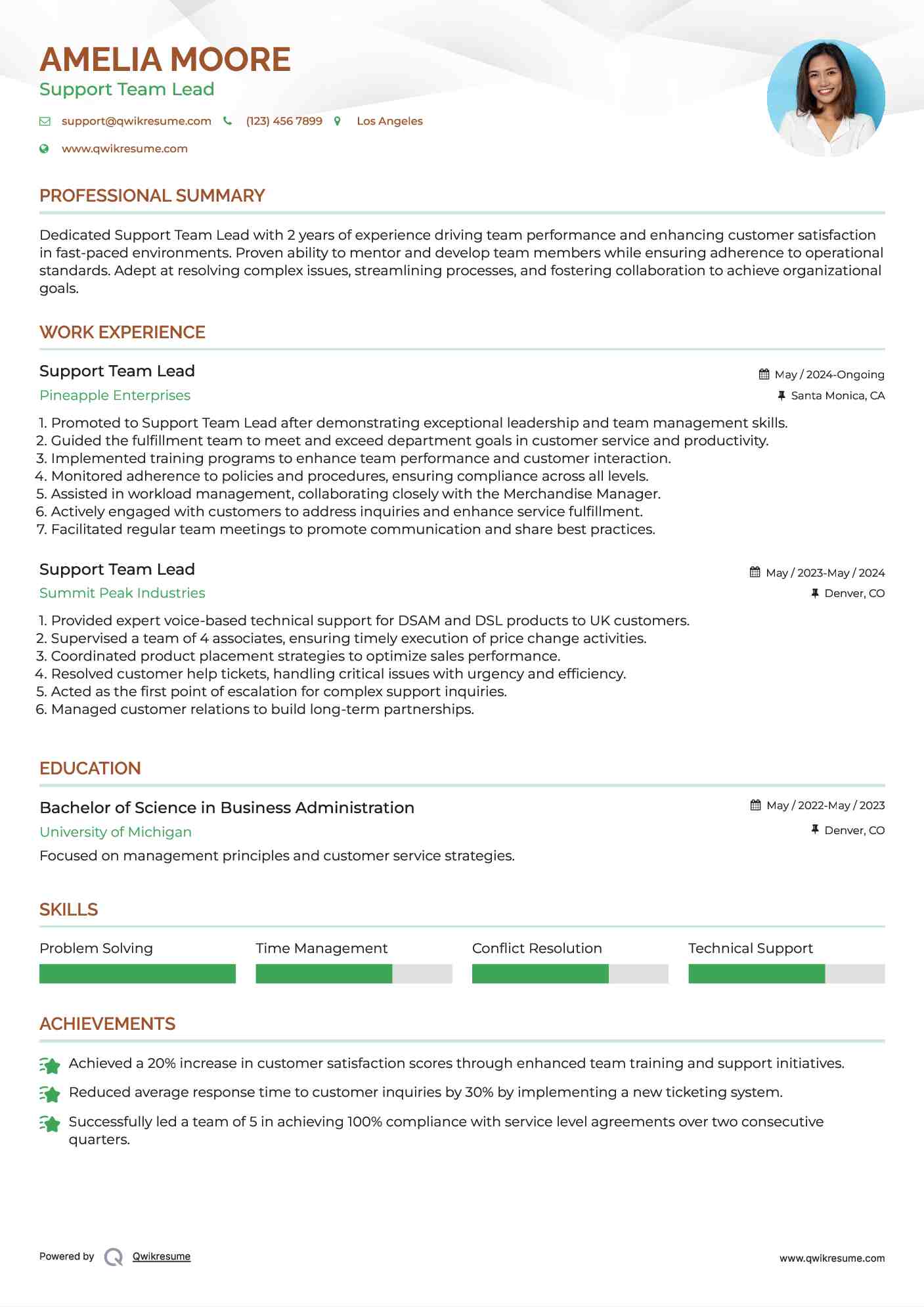 Support Team Lead Resume Sample