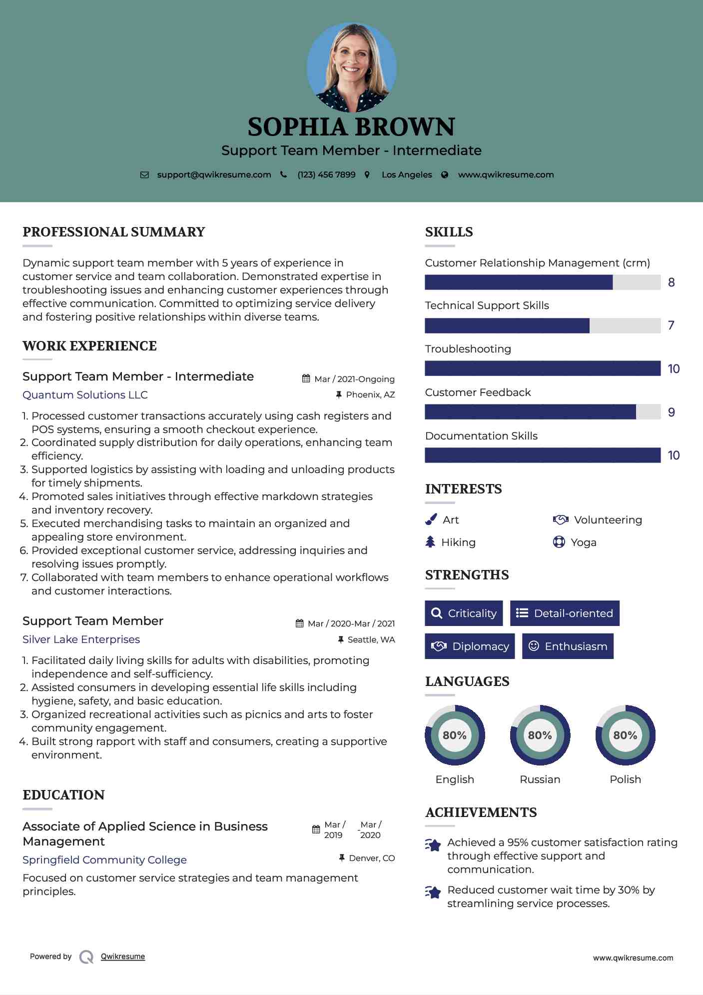 Support Team Member - Intermediate Resume Sample