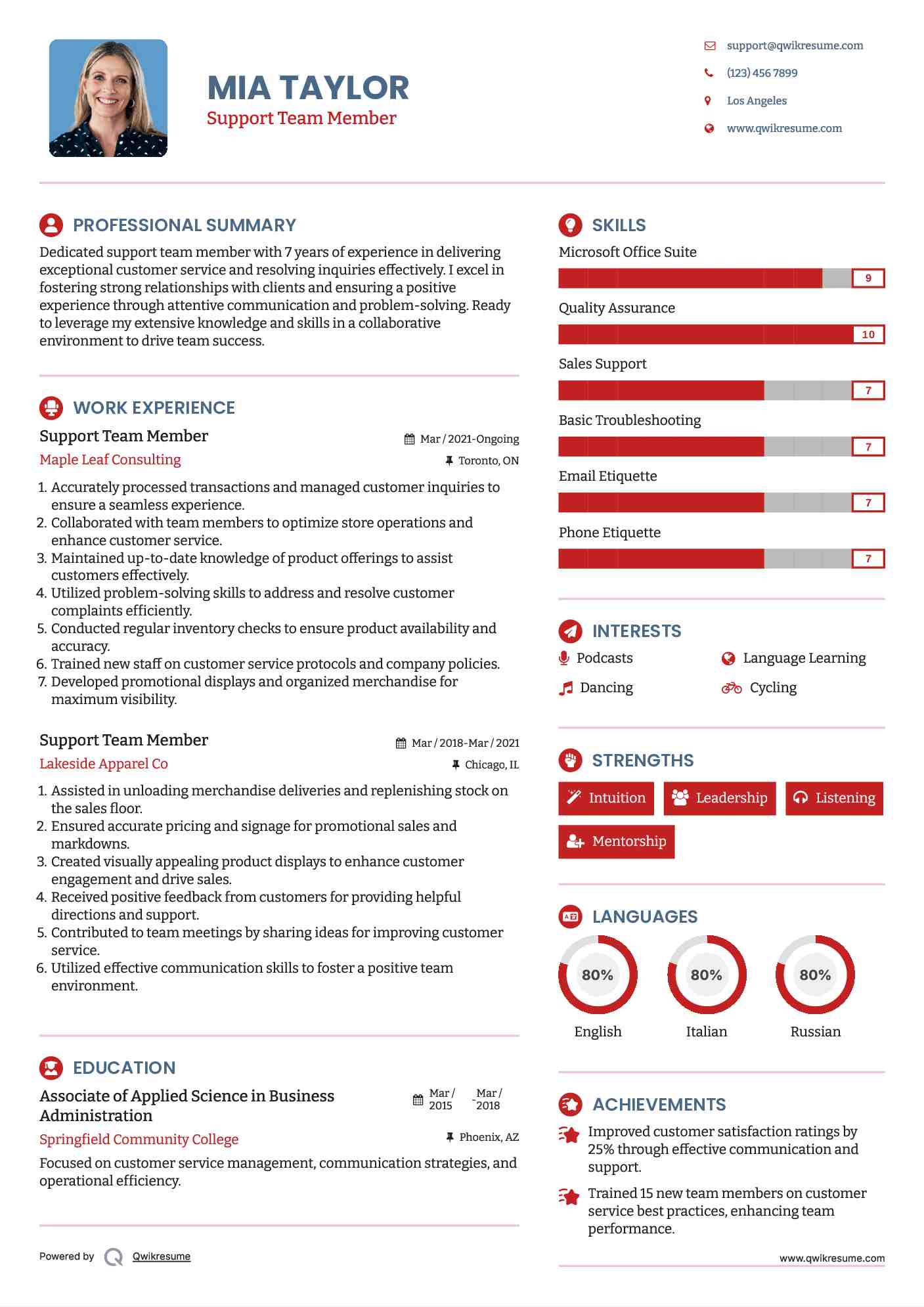 Support Team Member Resume Sample