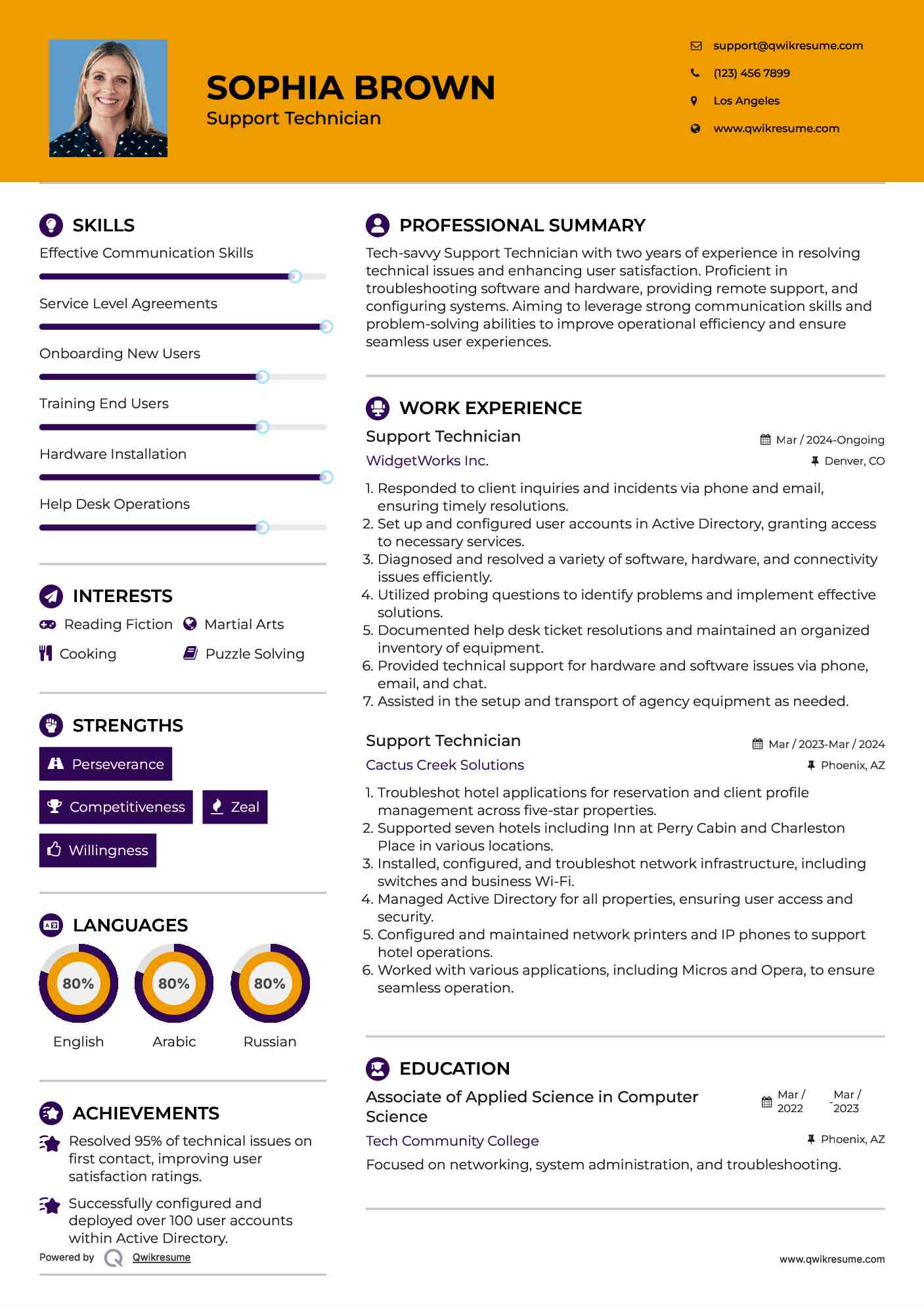 Support Technician Resume Sample