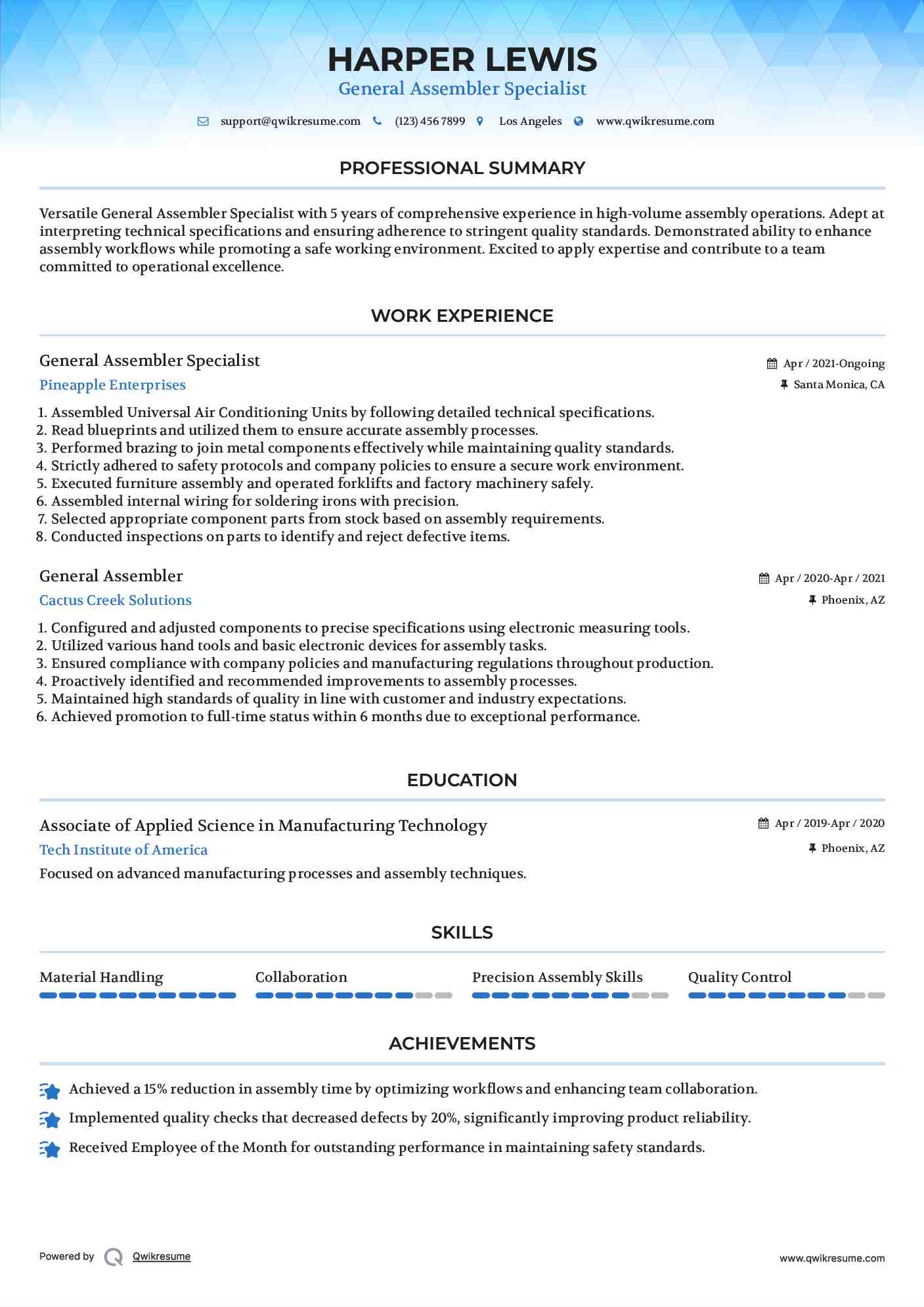 General Assembler Specialist Resume Example