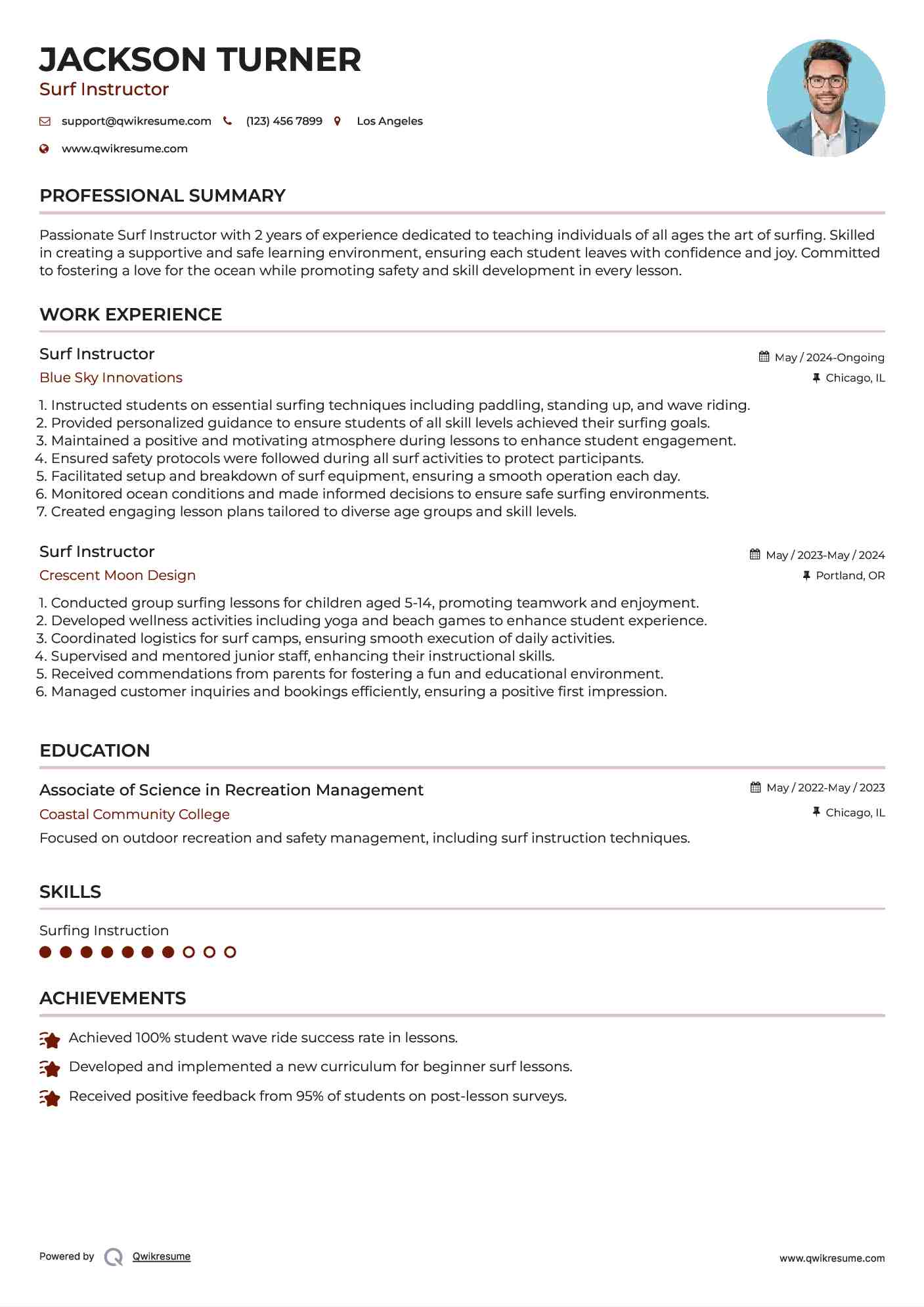 Surf Instructor Resume Samples QwikResume