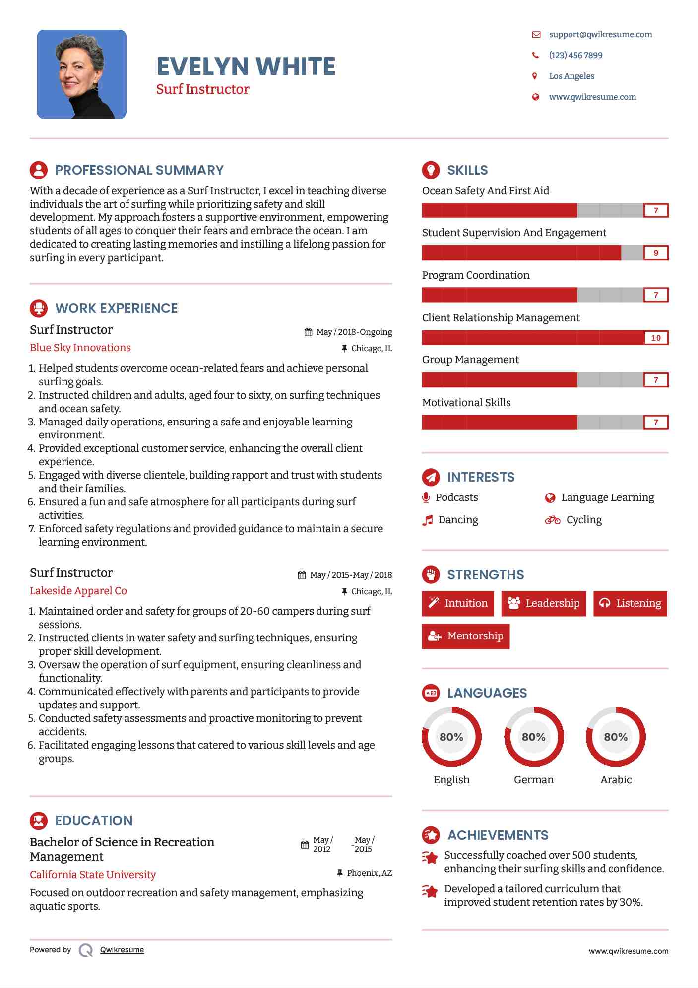 Surf Instructor Resume Sample