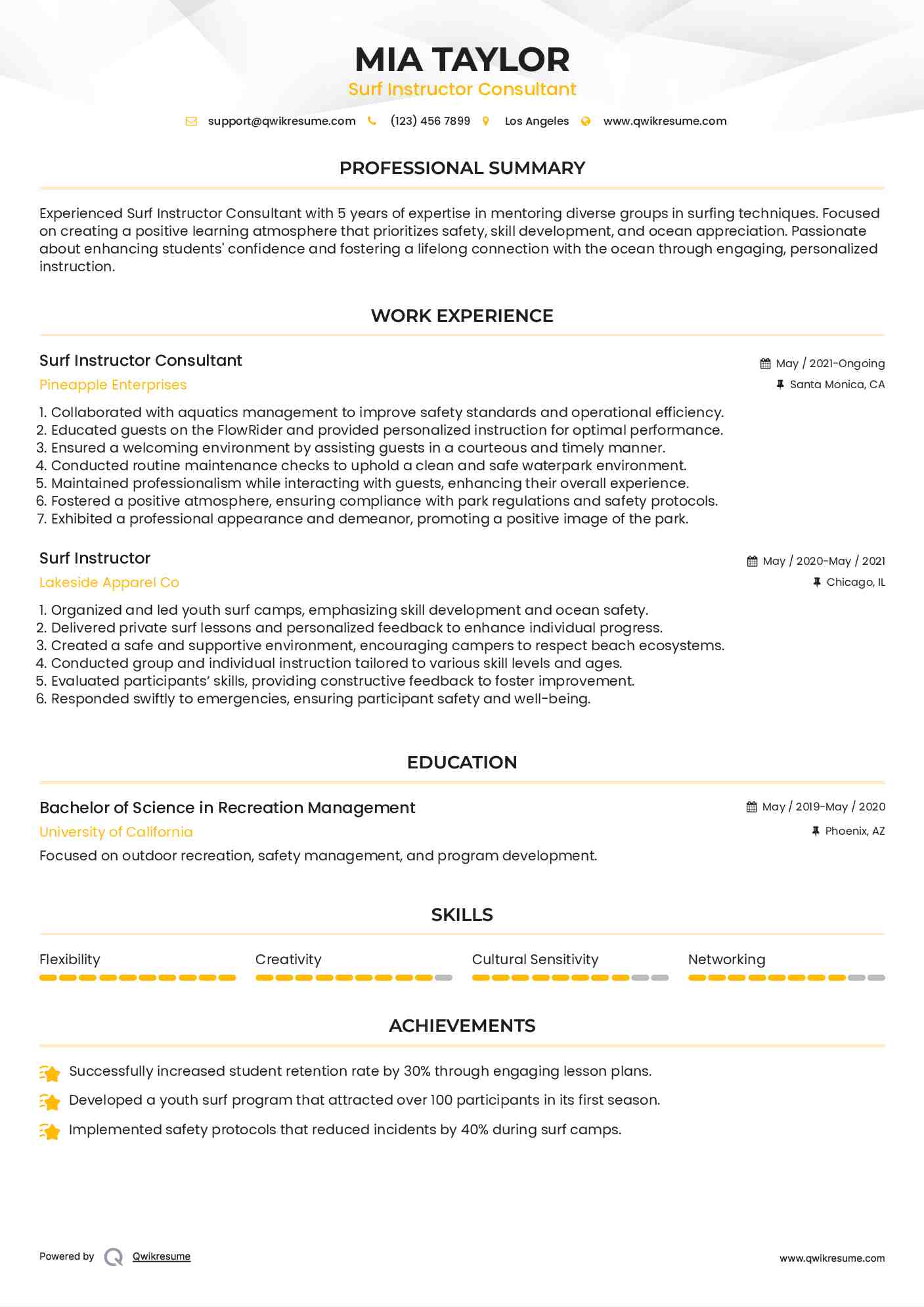 Surf Instructor Consultant Resume Format