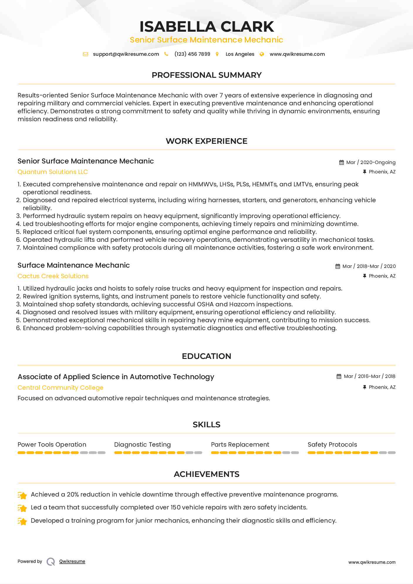 Senior Surface Maintenance Mechanic Resume Model
