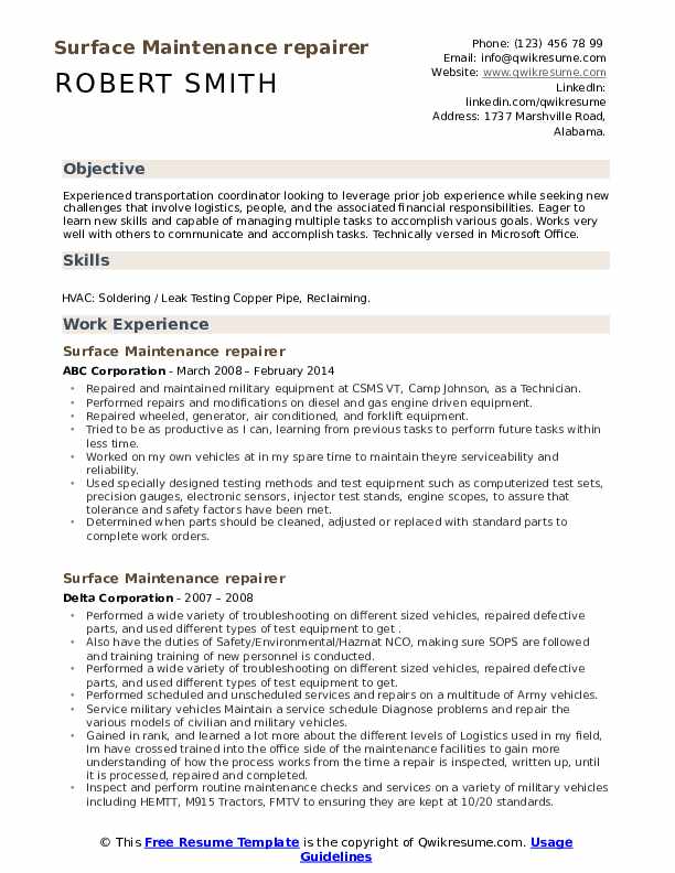 Surface Maintenance repairer Resume Samples QwikResume
