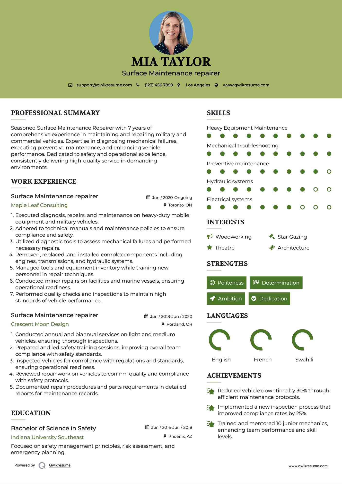 Surface Maintenance repairer Resume Sample