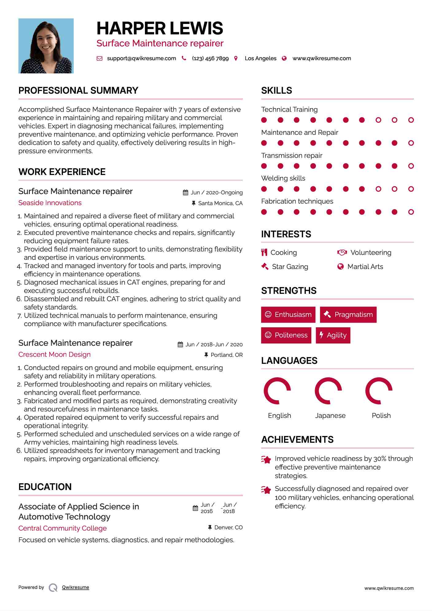 Surface Maintenance repairer Resume Model
