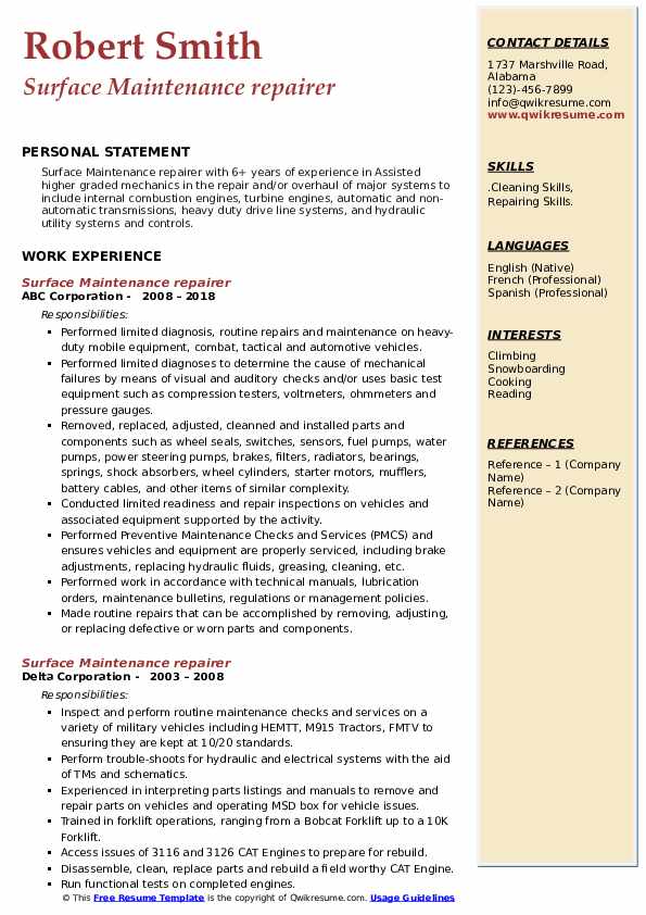 Surface Maintenance repairer Resume Samples QwikResume