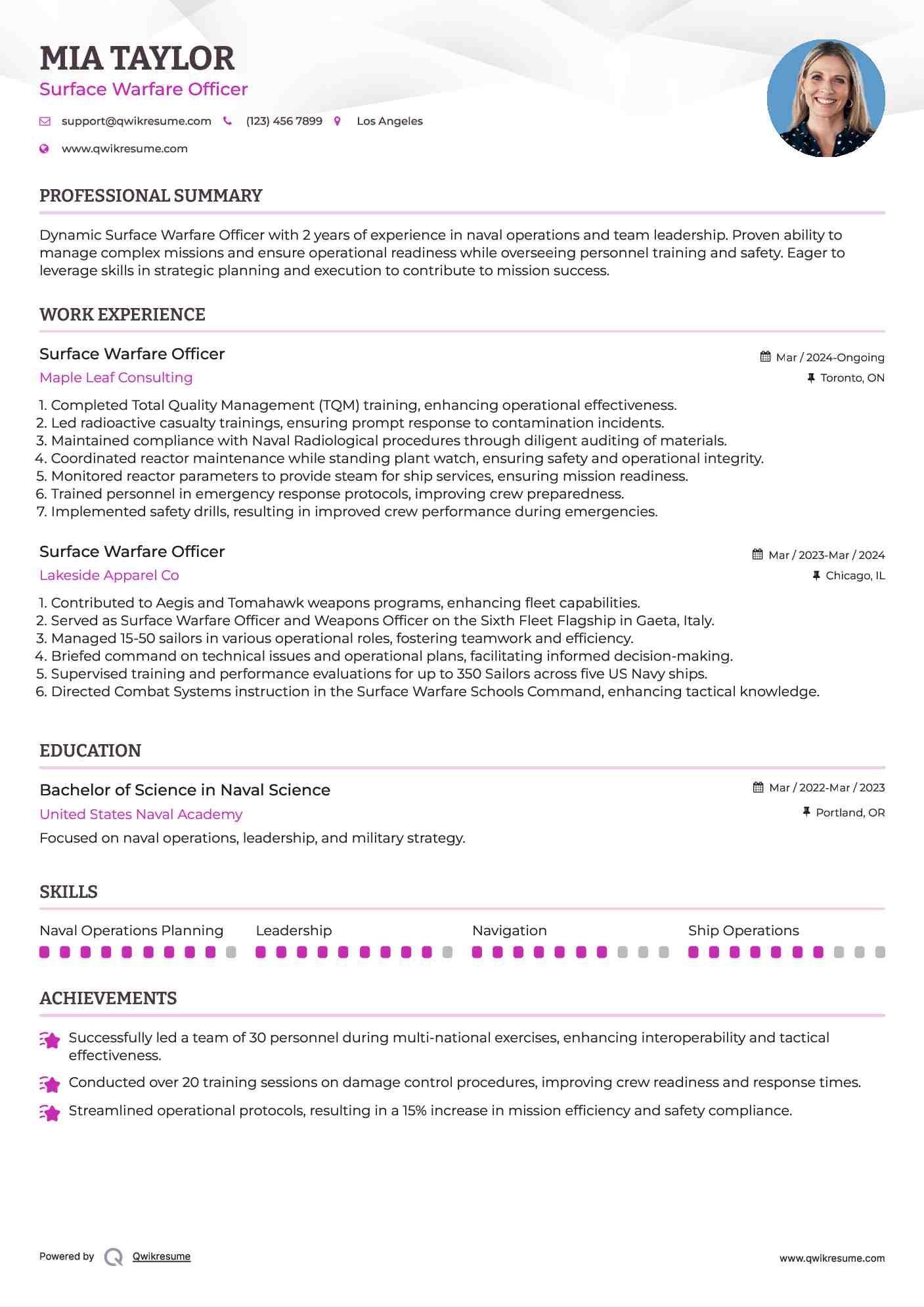 Surface Warfare Officer Resume Sample