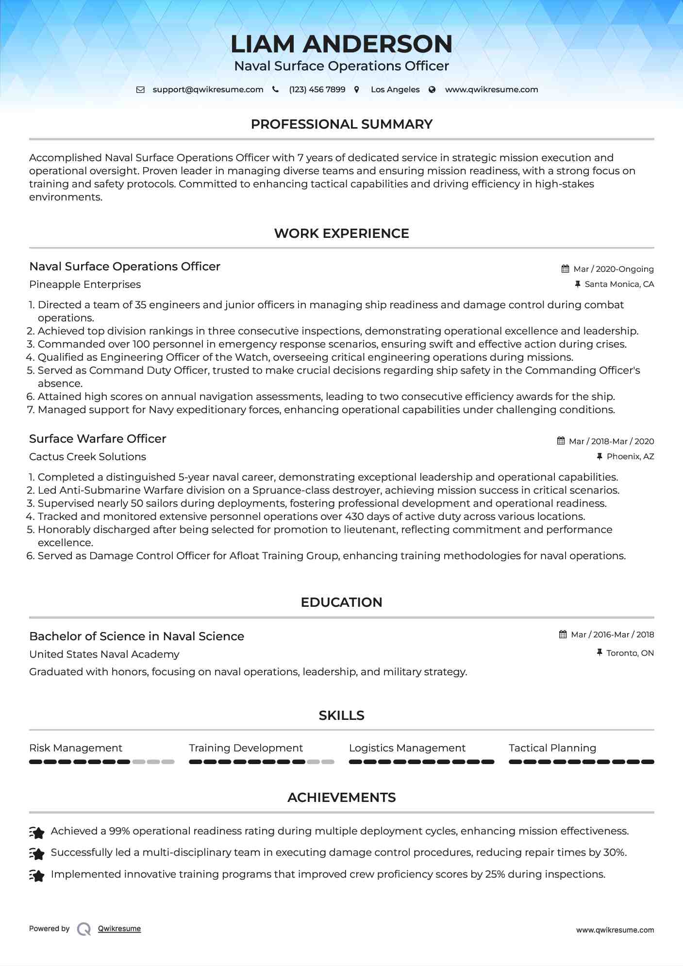 Naval Surface Operations Officer Resume Template