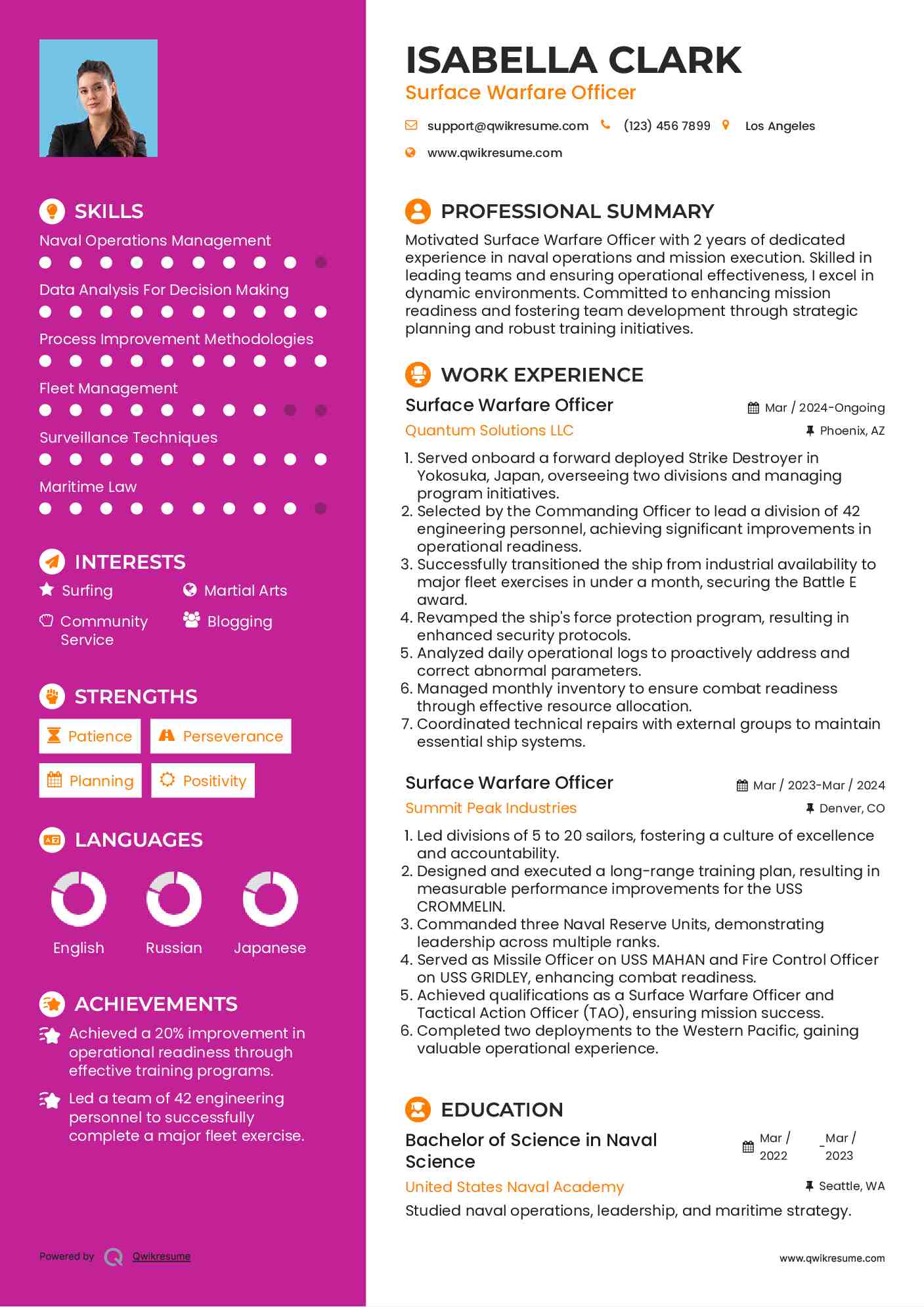 Surface Warfare Officer Resume Format