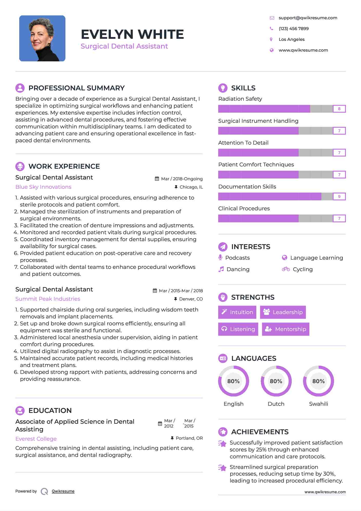 Surgical Dental Assistant Resume Example