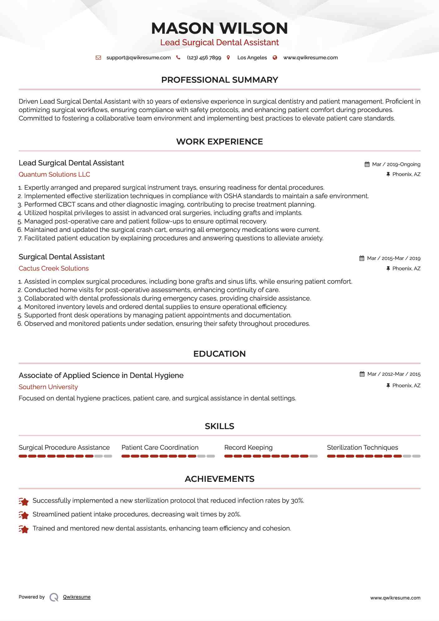 Lead Surgical Dental Assistant Resume Model