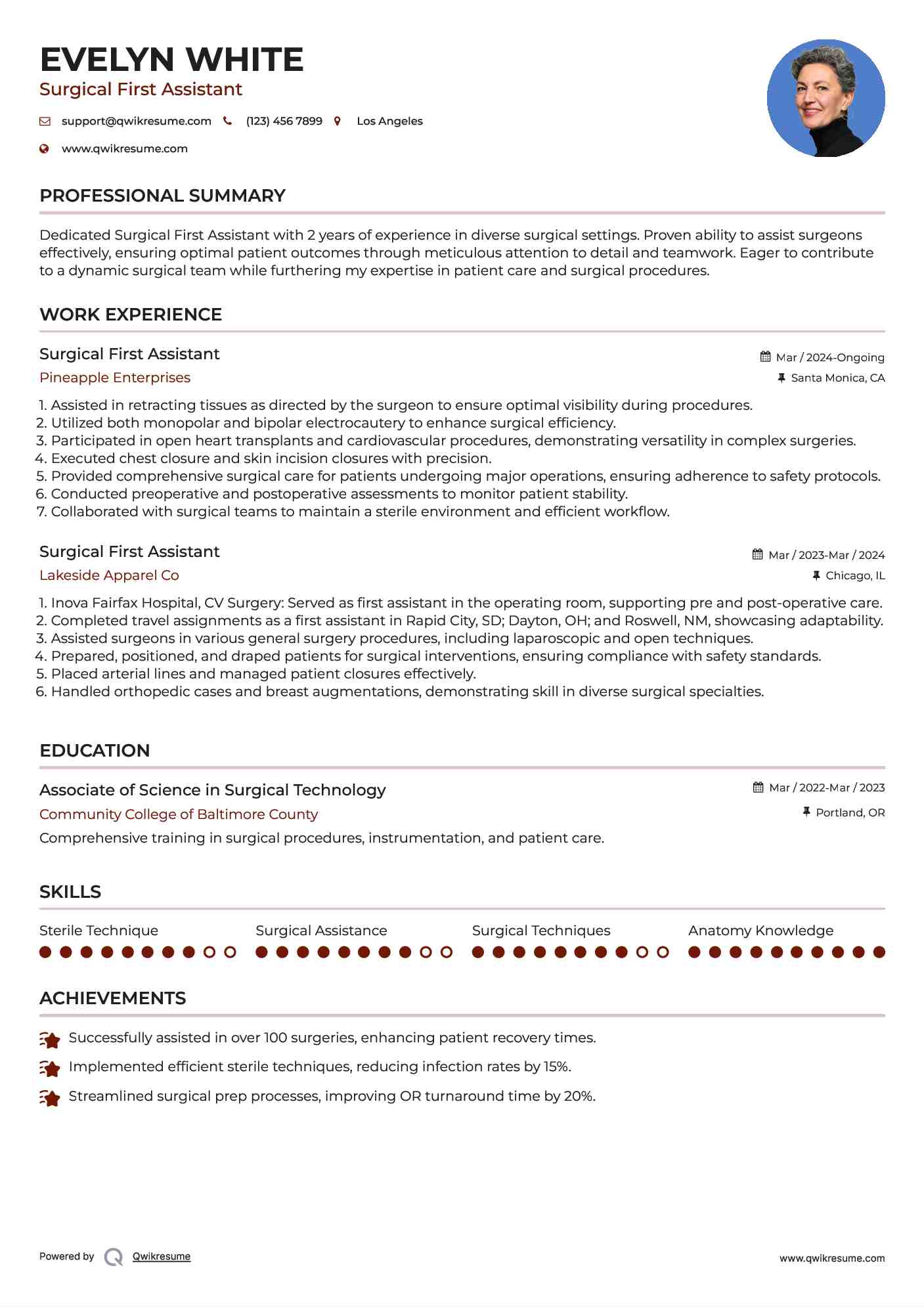 Surgical First Assistant Resume Sample