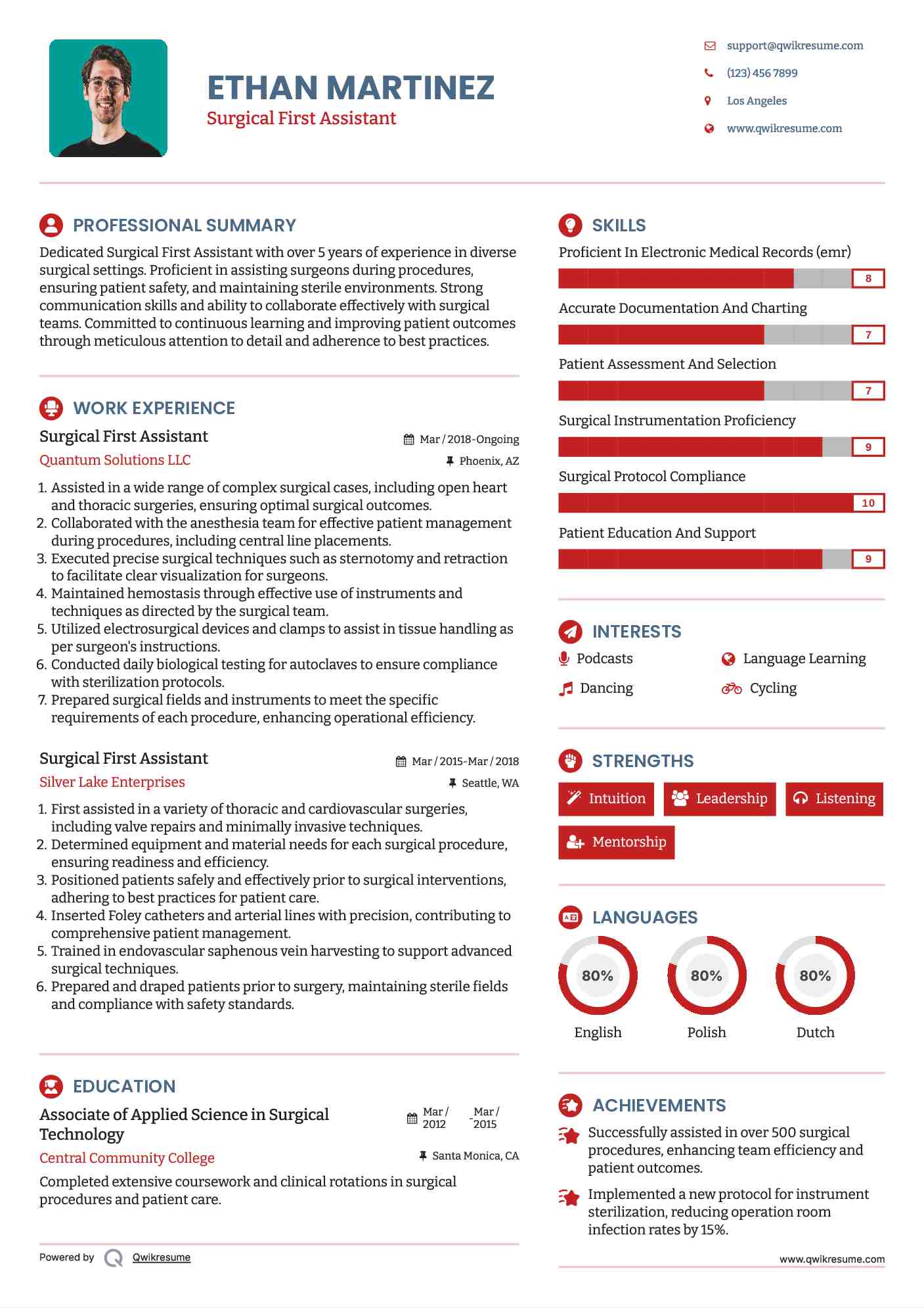 Surgical First Assistant Resume Model
