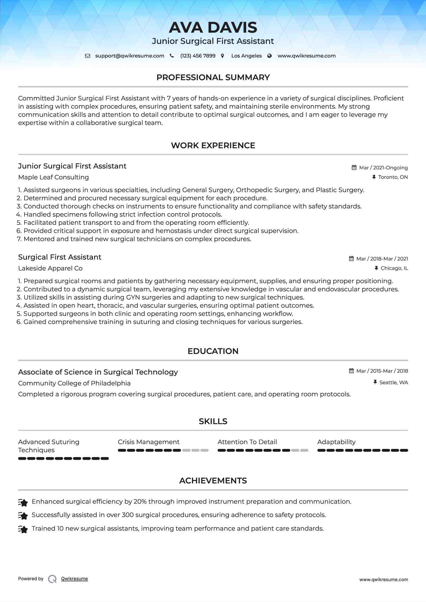 Junior Surgical First Assistant Resume Example