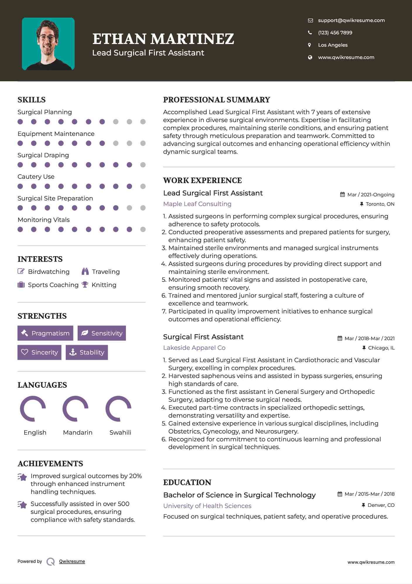 Lead Surgical First Assistant Resume Example
